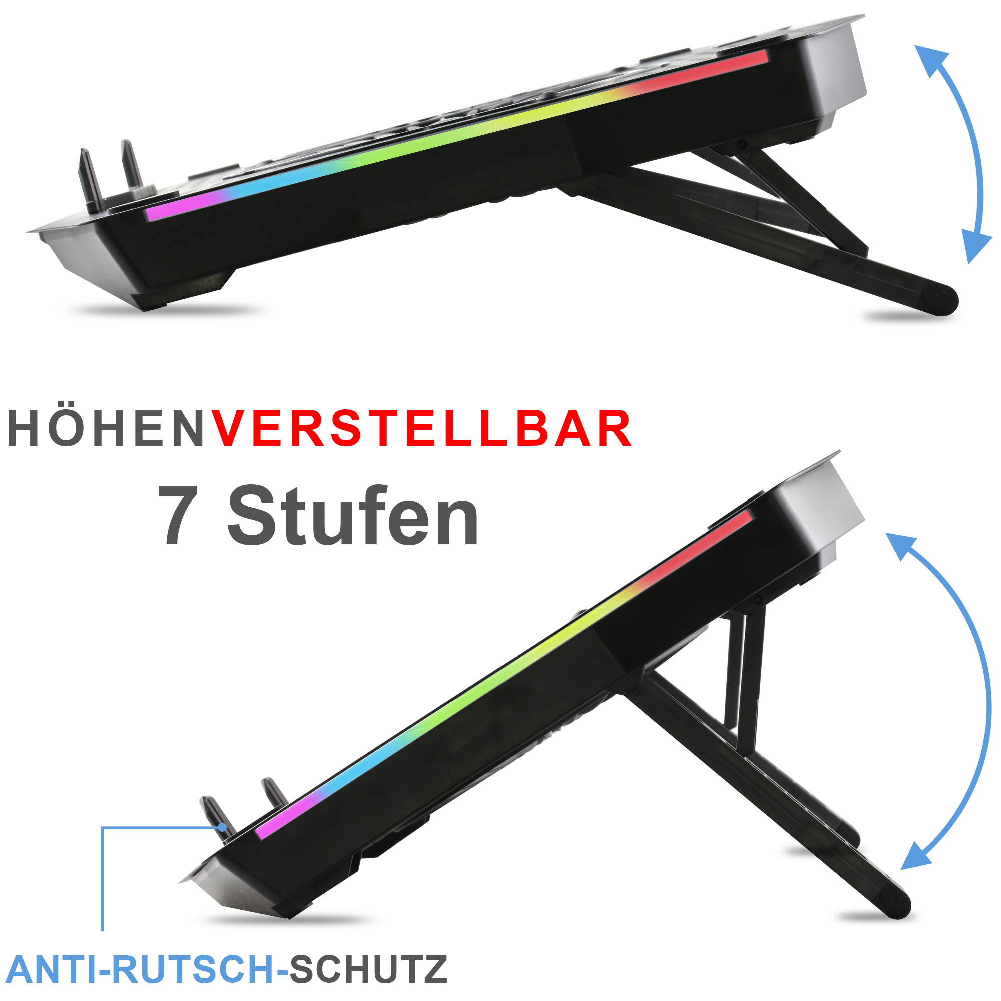 Verstellbarer schwarzer Laptop-Ständer mit bunten LED-Leuchten, mit Pfeilen und Text zur Höhenverstellung.