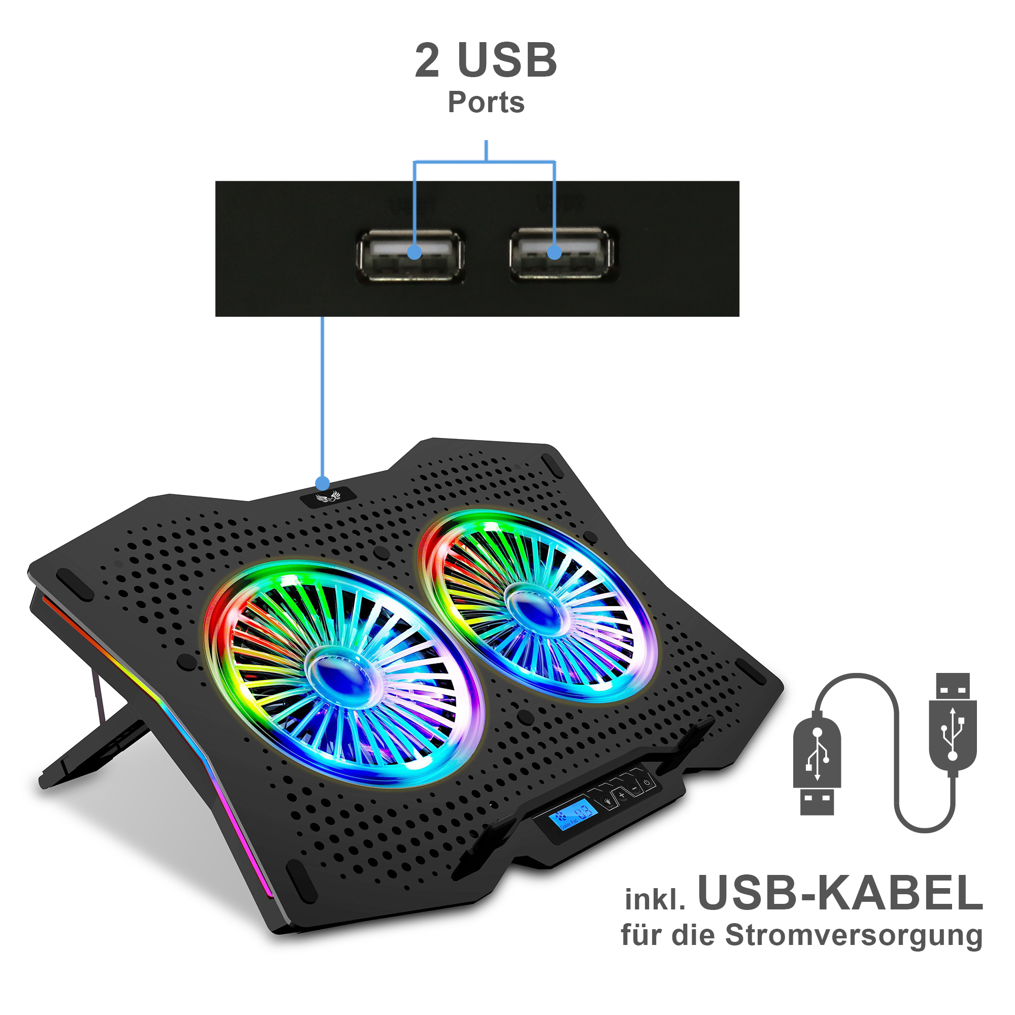 Schwarzes Laptop-Kühlpad mit RGB-Lüftern, 2 USB-Anschlüssen und USB-Kabel zur Stromversorgung.