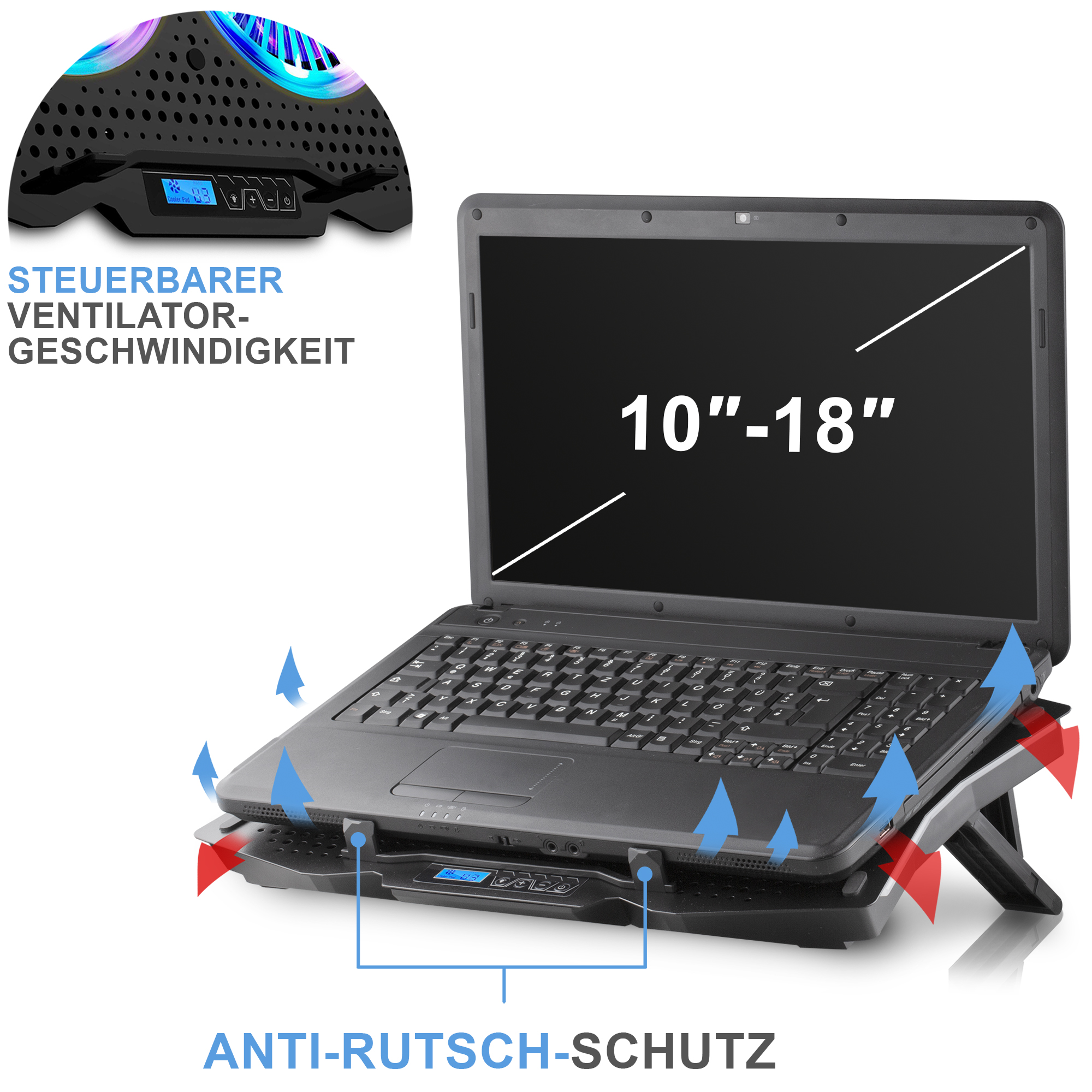 Laptop auf schwarzem Kühlpad, mit deutschem Text.