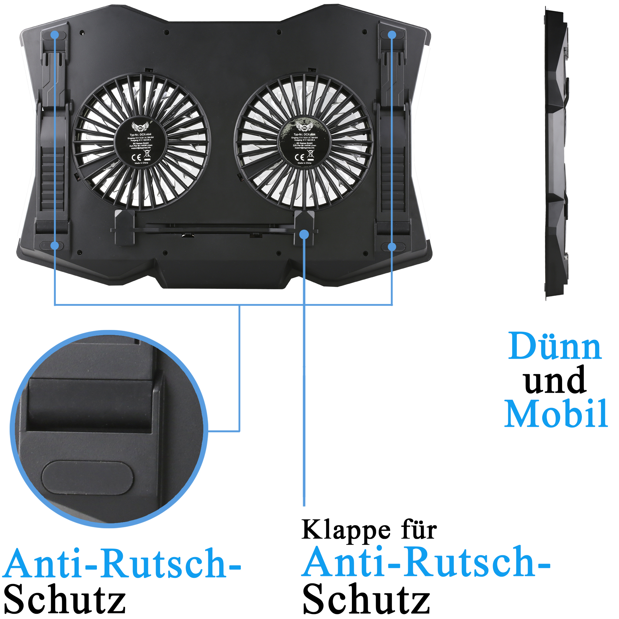 Ein schwarzer Laptop-Kühler mit zwei Lüftern, beschriftet mit Text. Der Text ist auf Deutsch.