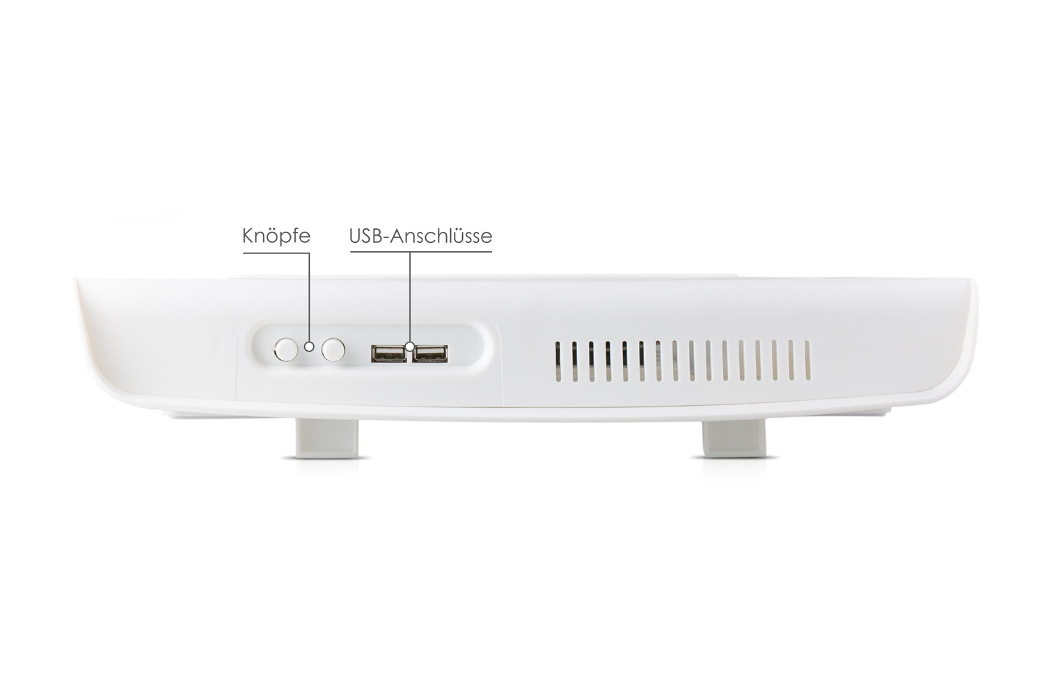 Ein weißes Gerät, wahrscheinlich ein Router, mit Knöpfen und USB-Anschlüssen auf der Rückseite.