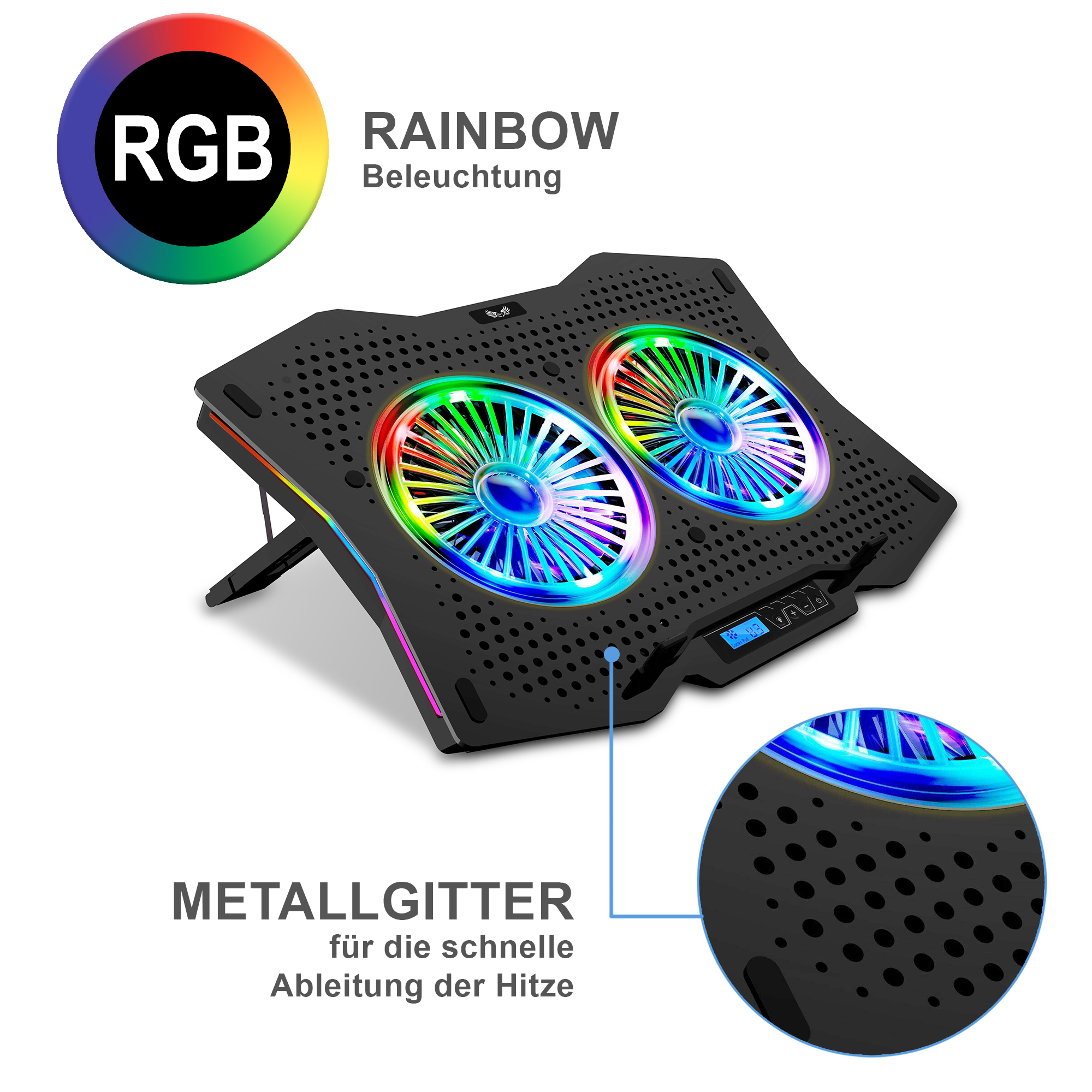 Schwarzer Laptop-Kühler mit RGB-Lichtern, mit Nahaufnahme-Detail und weißem Hintergrund.