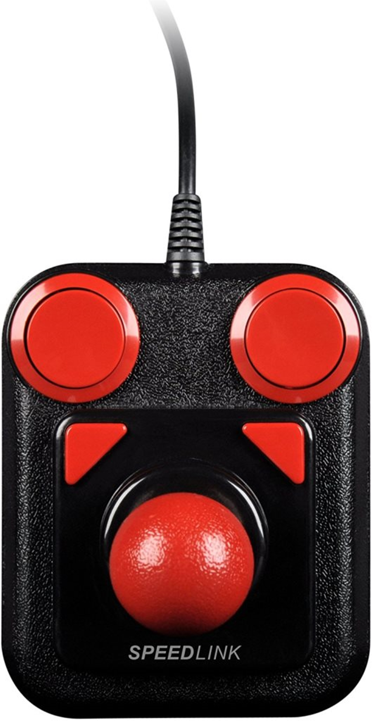 Schwarzer Joystick mit roten Knöpfen und einem roten Ball. Ein Kabel erstreckt sich von oben.