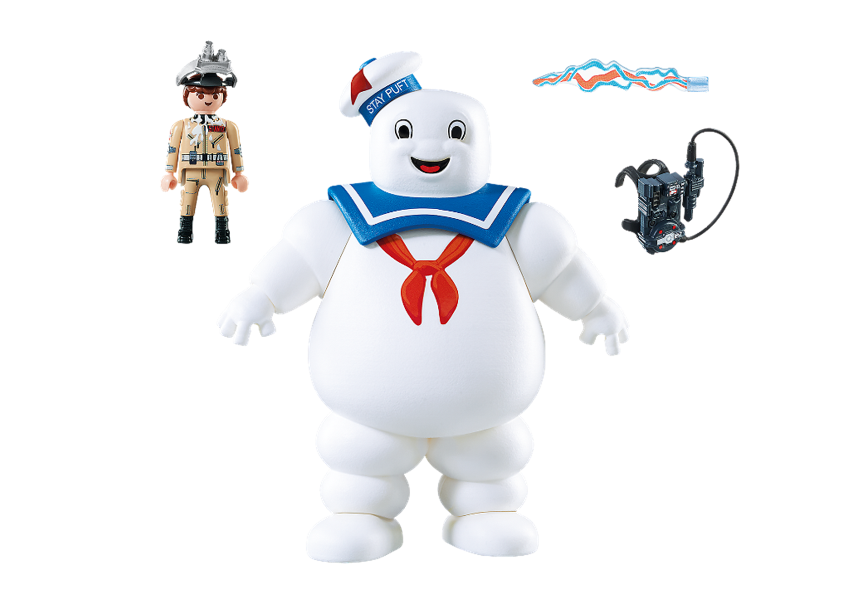 Stay Puft Marshmallow Man Spielzeug mit einem Ghostbuster und Geisterfangausrüstung.