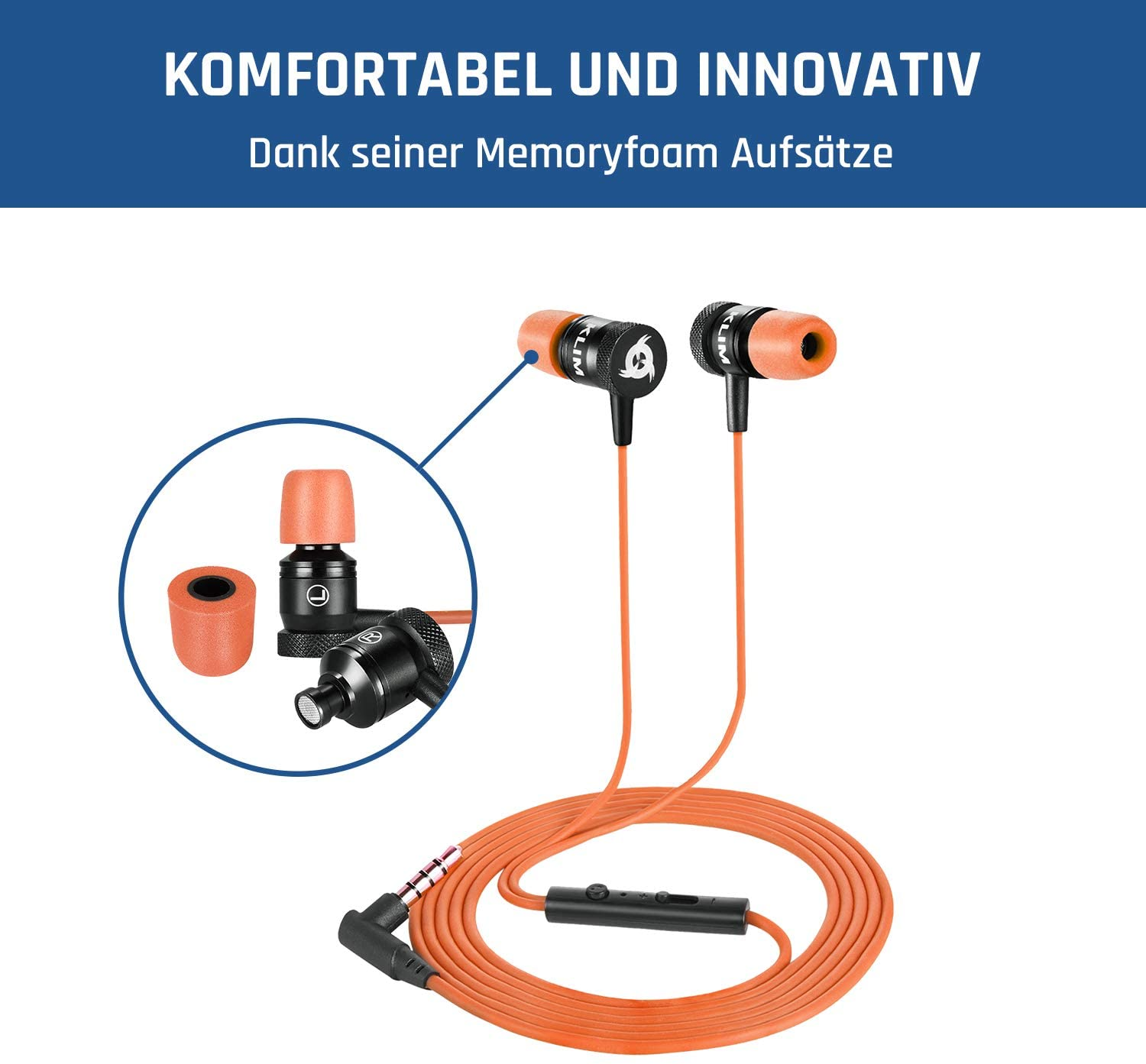 Kopfhörer mit orangefarbenen Kabeln und Ohrstöpseln, Text oben.