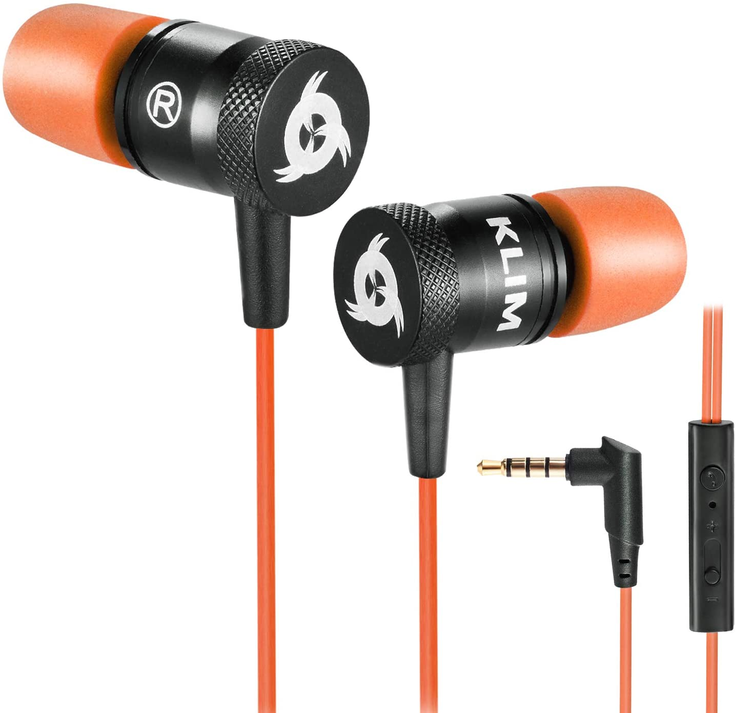Zwei schwarze und orangefarbene Ohrhörer mit einem orangenen Kabel und einer Steuereinheit.
