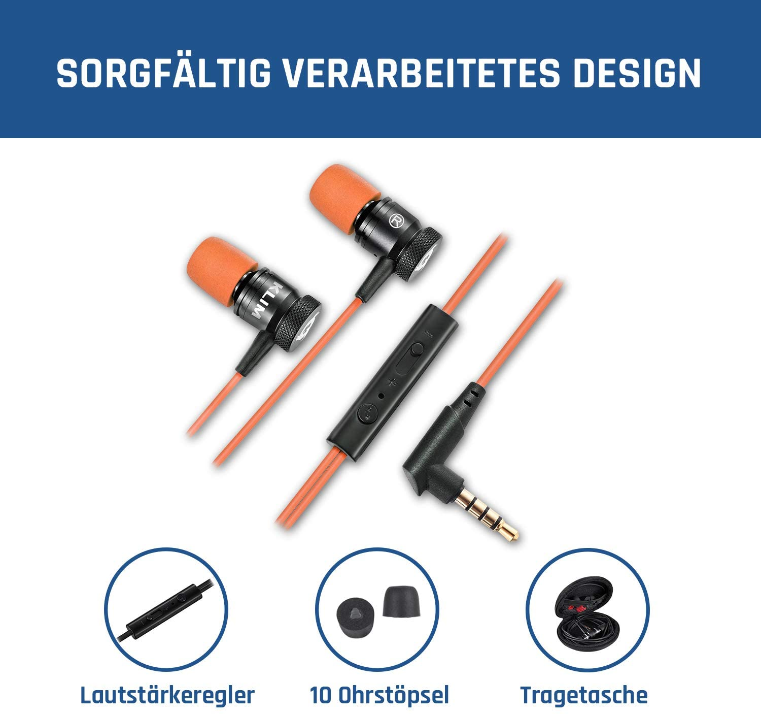 Orangefarbene Ohrhörer mit Steuerung und Klinke sowie eine schwarze Hülle. Detailliertes Design.