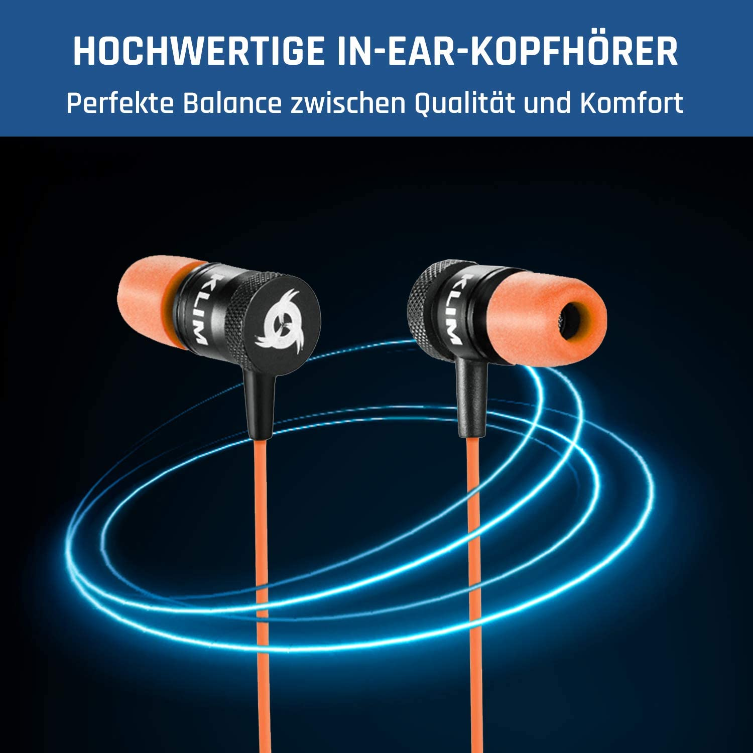 Paar orangefarbene Ohrhörer mit schwarzen Akzenten. Blaue Lichtkreise auf dunkelblauem Hintergrund.