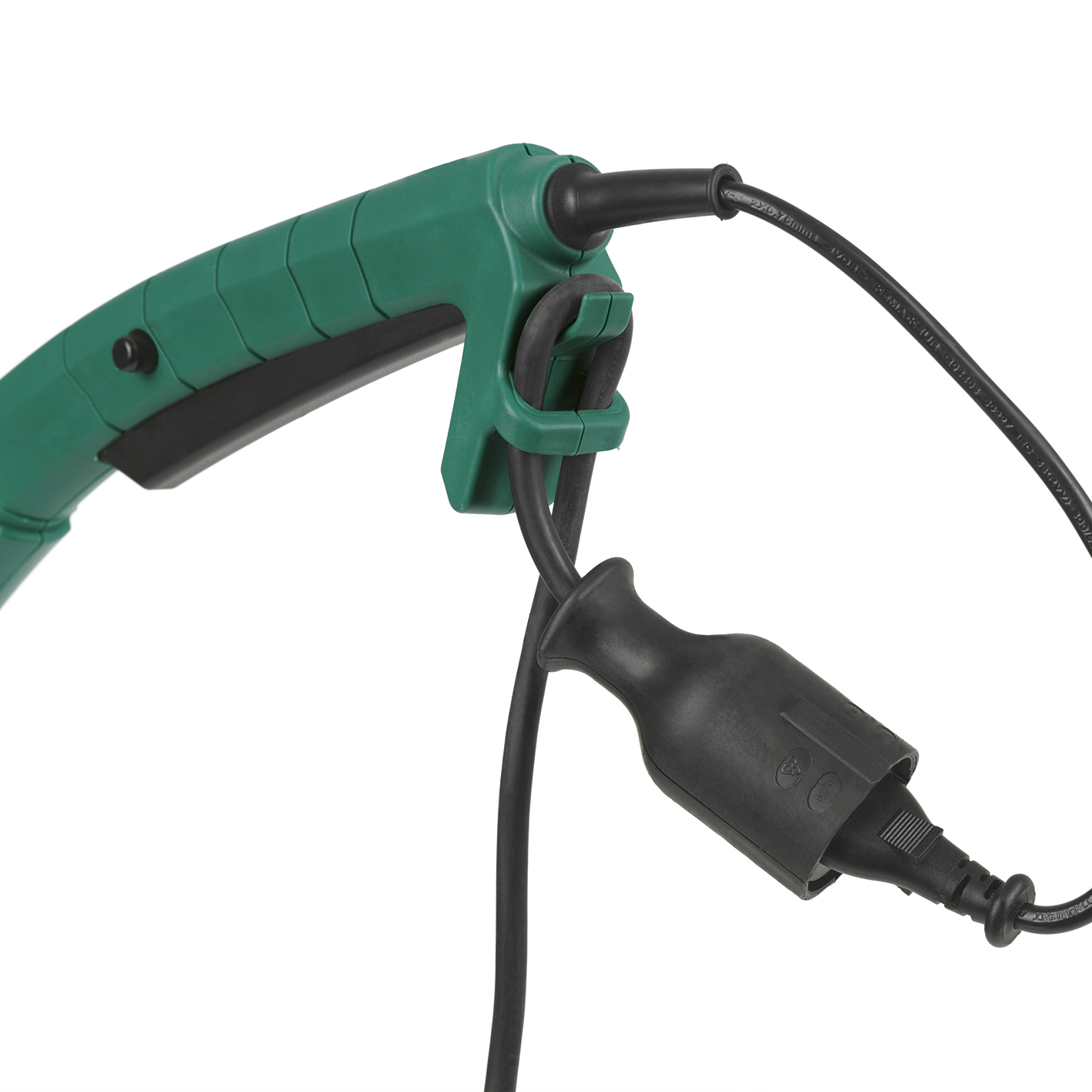 Ein grünes Elektrowerkzeug mit schwarzem Netzkabel und schwarzem Stecker.