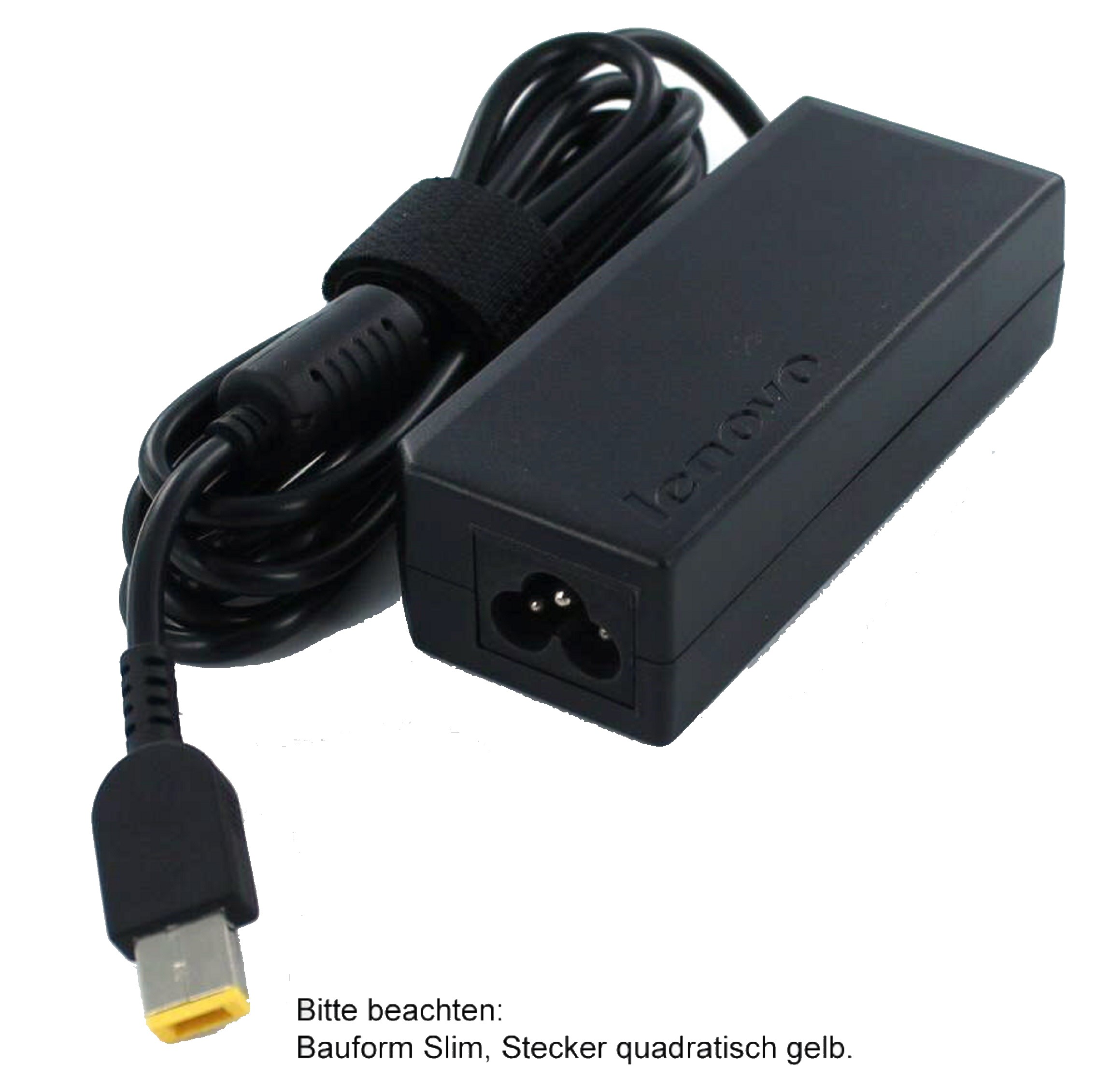 Schwarzes Lenovo Laptop-Netzteil mit gelbem Stecker. Weißer Hintergrund.