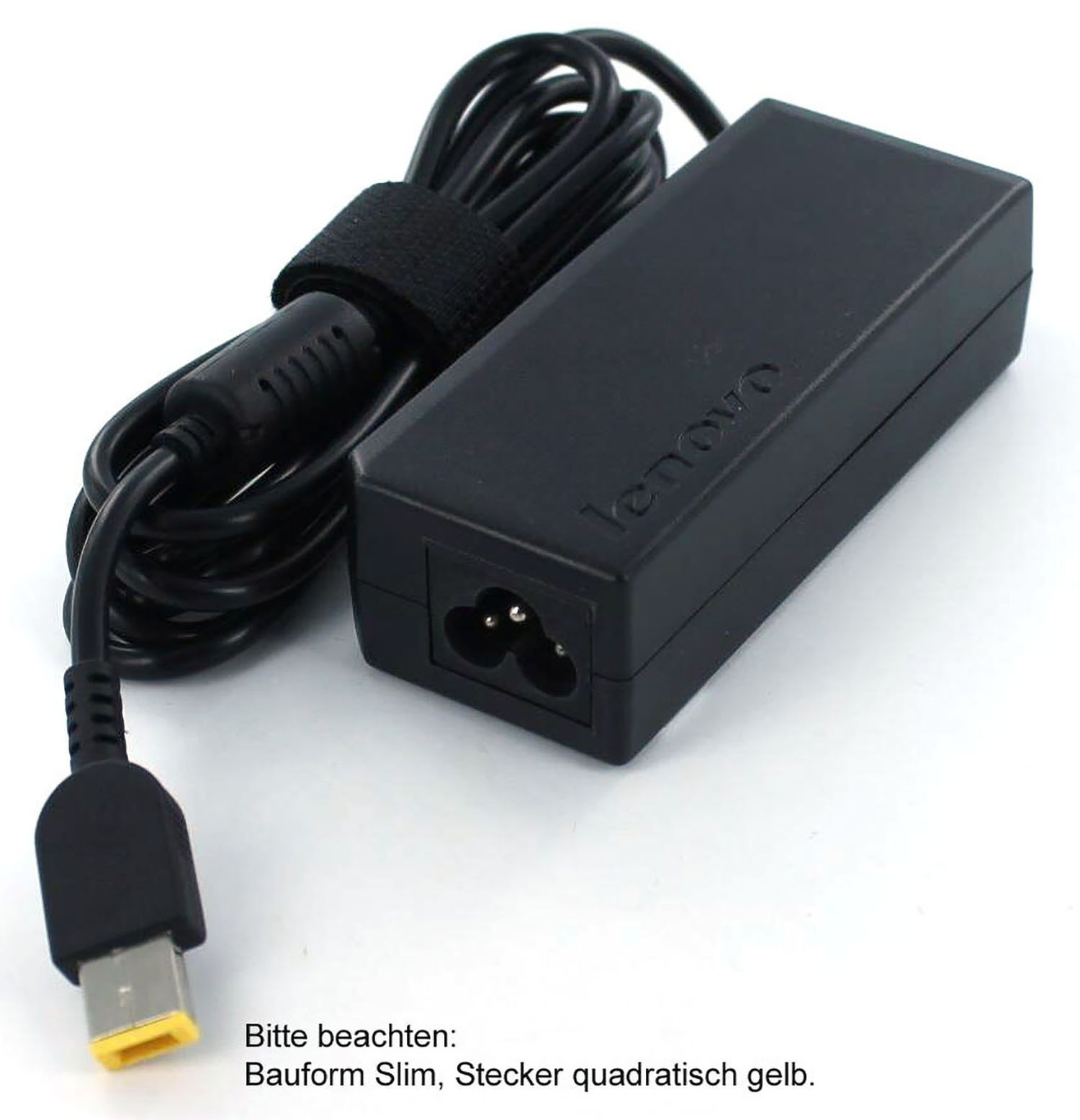 Schwarzes Lenovo-Laptop-Ladegerät mit gewickeltem Kabel und gelbem Stecker.