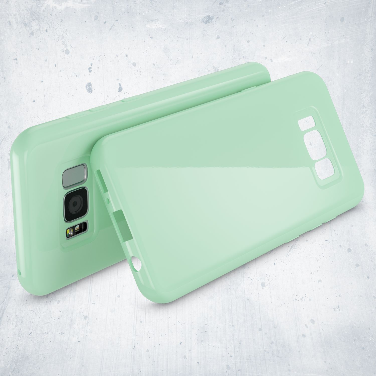 Mintgrüne Handyhülle und Telefon. Die Hülle ist glänzend, und das Telefon hat eine Kamera und Sensoren.