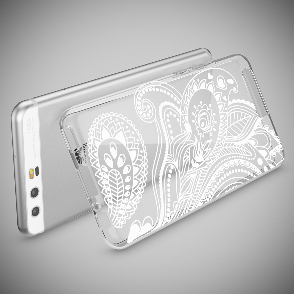 Ein Telefon mit einer transparenten Hülle mit einem weißen Blumendesign, das auf einem silbernen Telefon liegt.