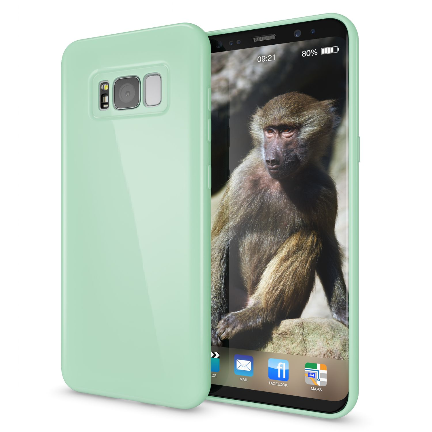 Grünes Telefon mit Pavianbild auf dem Bildschirm. Das Telefon befindet sich in einer Hülle.
