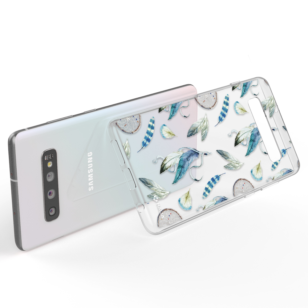 Transparente Handyhülle mit Federdesign auf einem weißen Samsung-Handy.