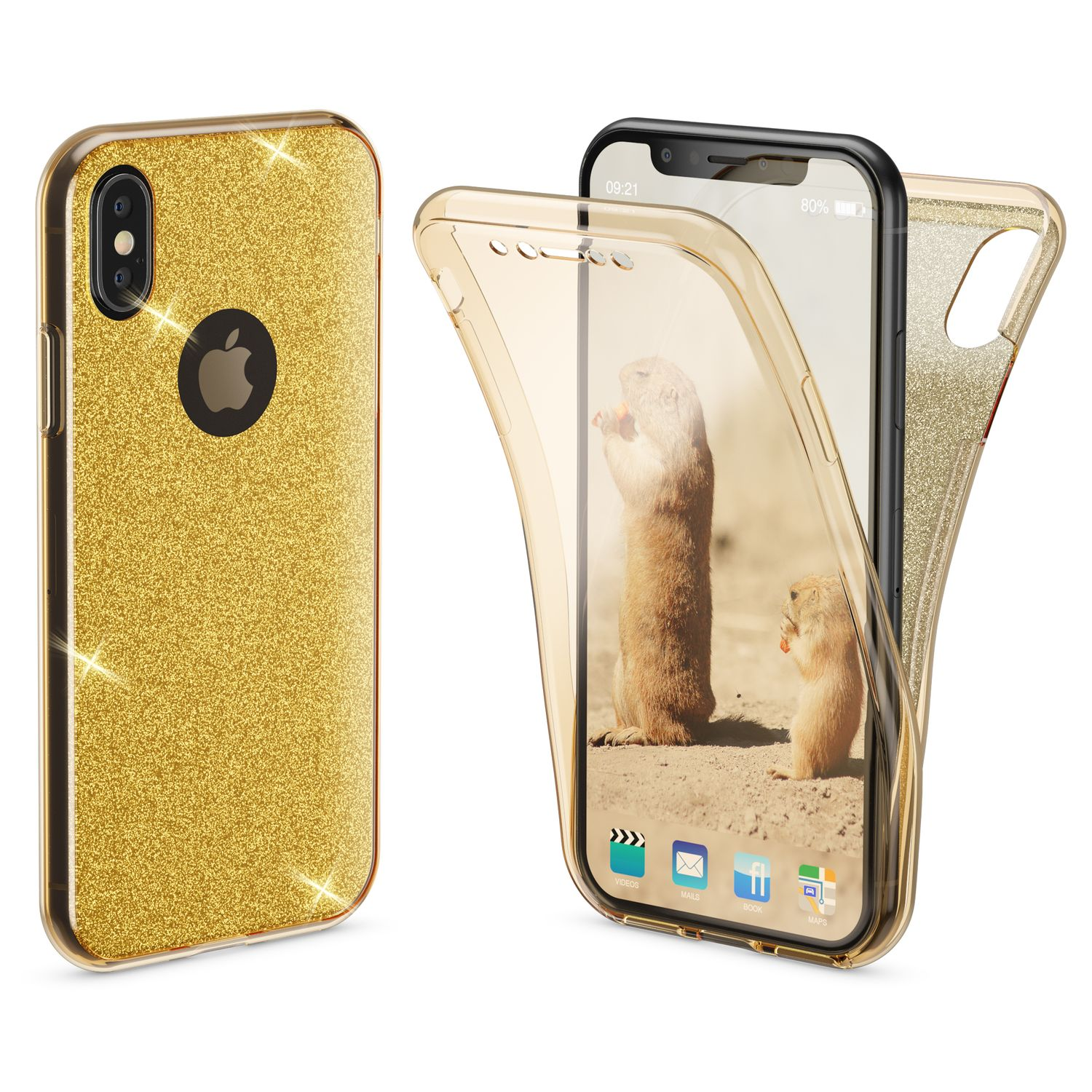 NALIA 360 Grad Glitzer iPhone X Backcover, Silikon Apple, Hülle, Gold XS, iPhone