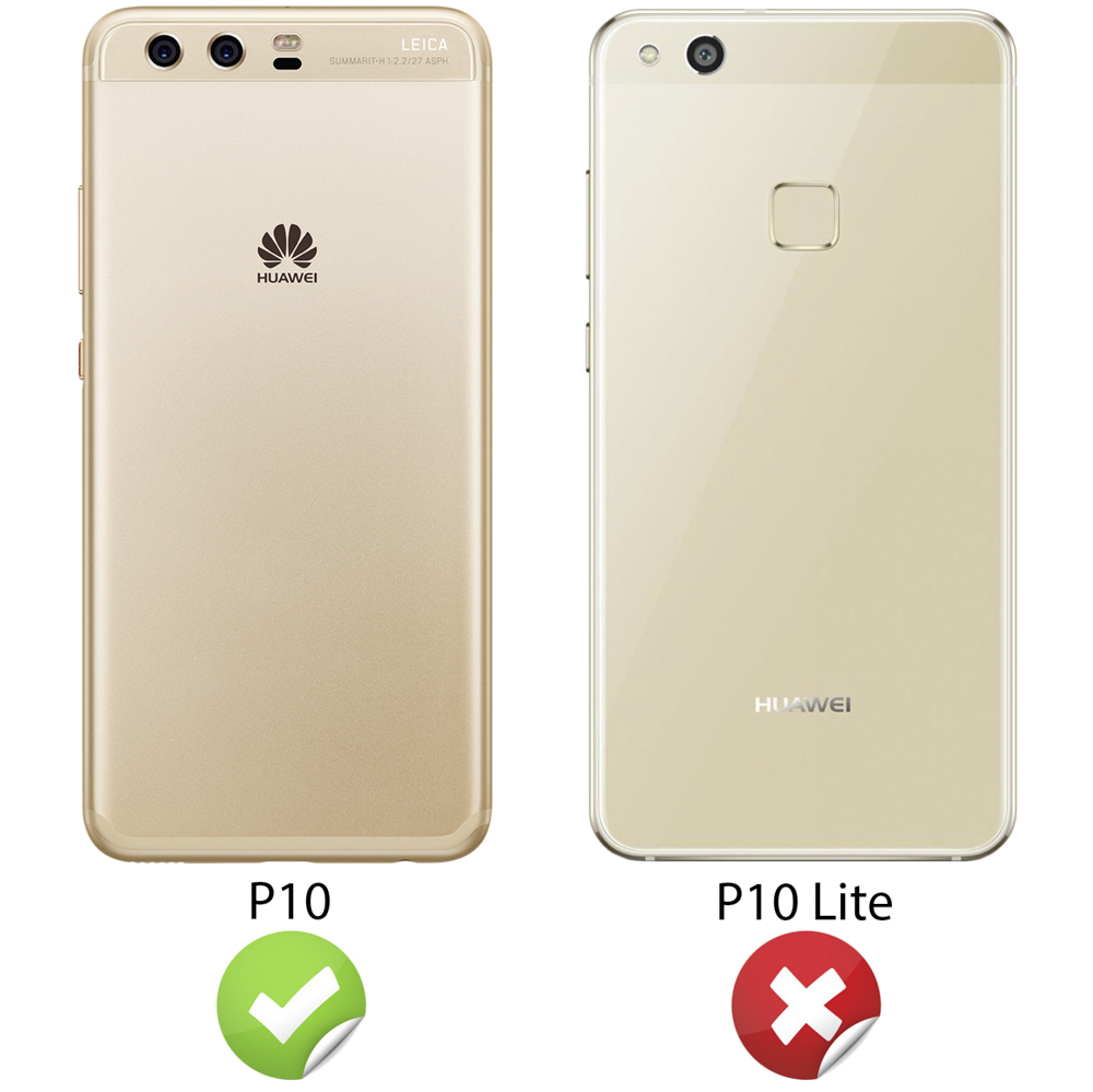 Deux smartphones dorés, P10 avec coche et P10 Lite avec croix.