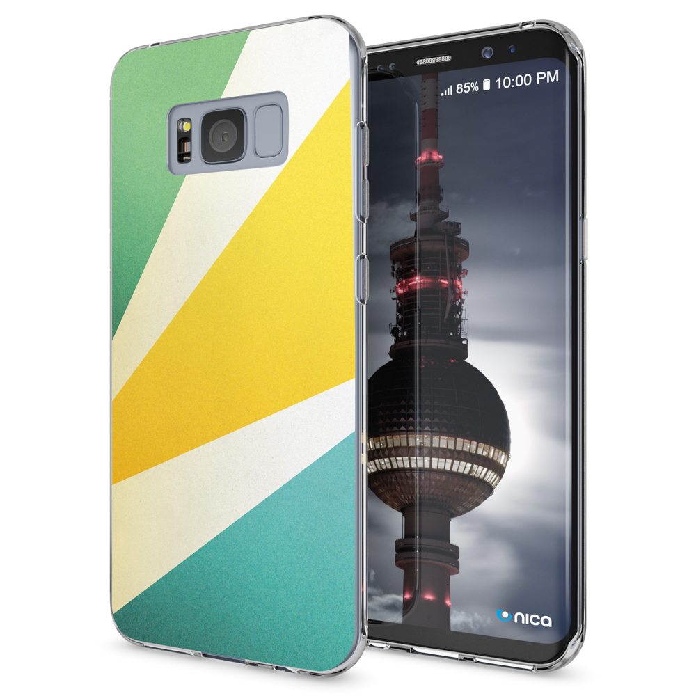 Un smartphone con una funda colorida. La funda tiene un diseño de rayas. La pantalla muestra una torre.
