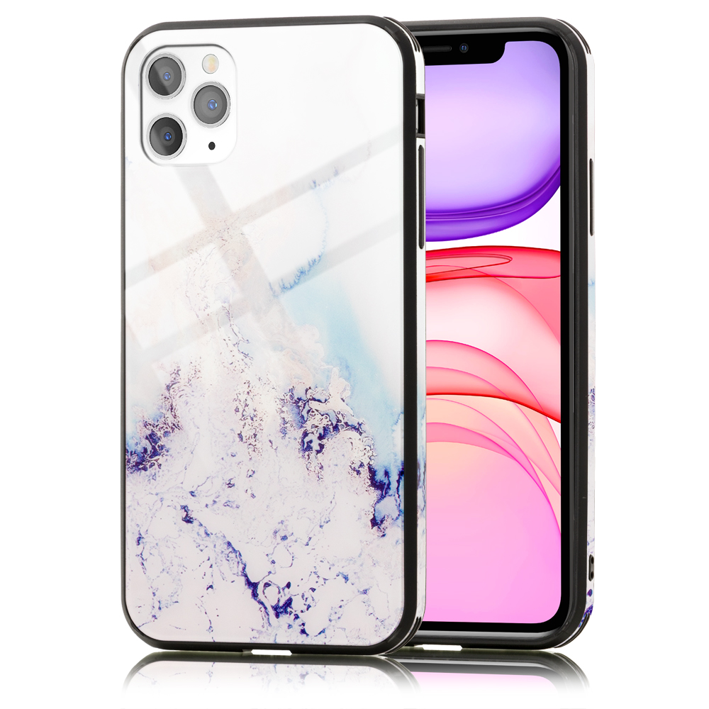 Handyhülle mit weißem Marmordesign und schwarzem Rahmen, mit einem Telefon darin.