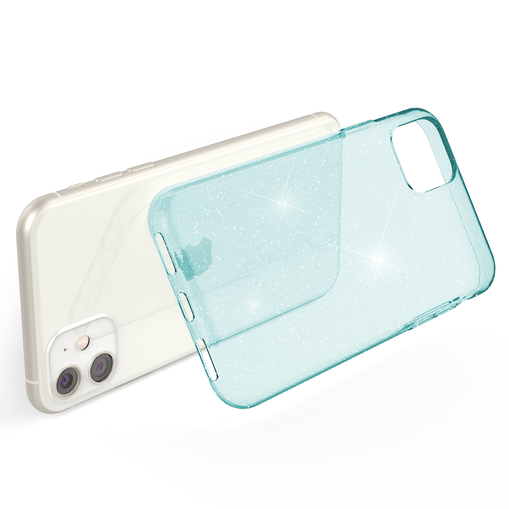 Una funda transparente y brillante para teléfono con un teléfono parcialmente dentro sobre un fondo blanco.