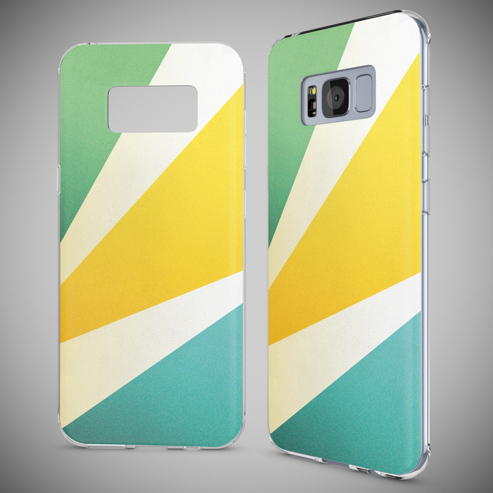 Funda de teléfono con rayas diagonales de colores: verde, amarillo y blanco. Funda de plástico transparente.