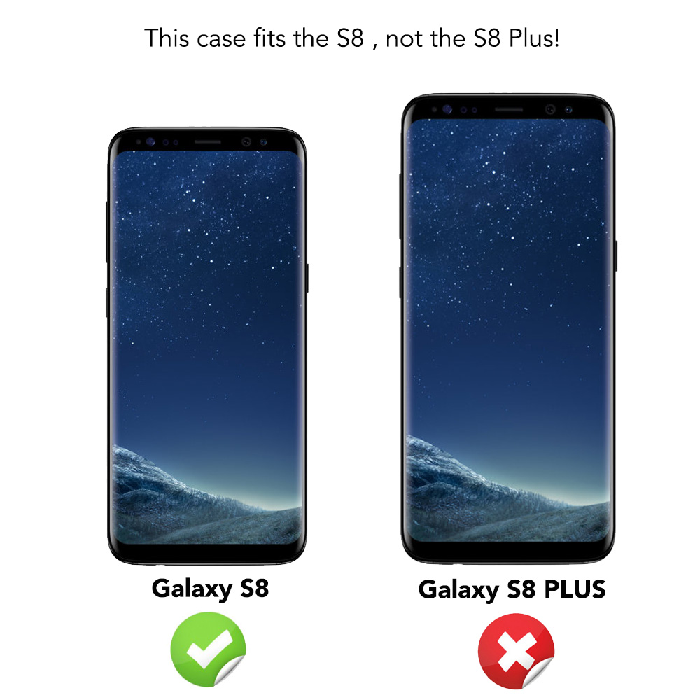 Zwei Telefone werden gezeigt, eines mit einem grünen Häkchen, das andere mit einem roten X, beschriftet mit Galaxy S8 und S8 PLUS.