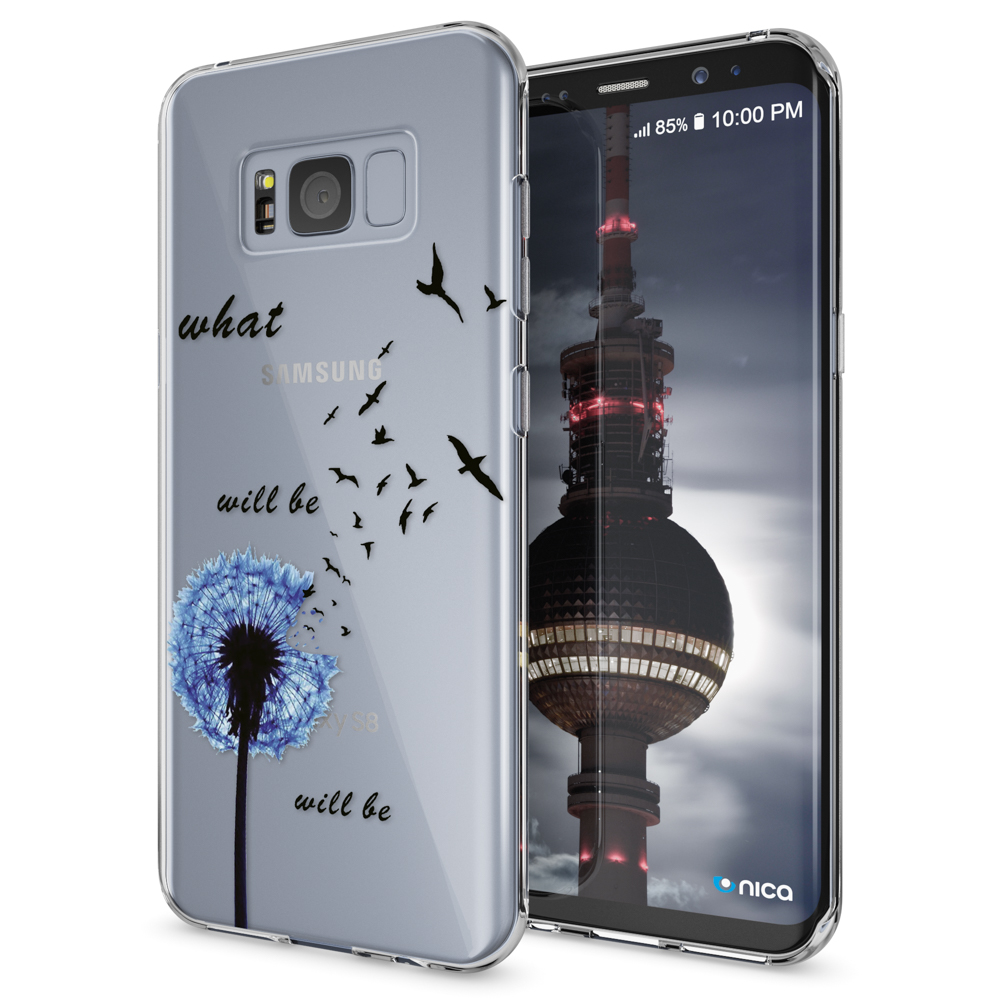 Funda de teléfono con diseño de diente de león y teléfono con vista de la ciudad.