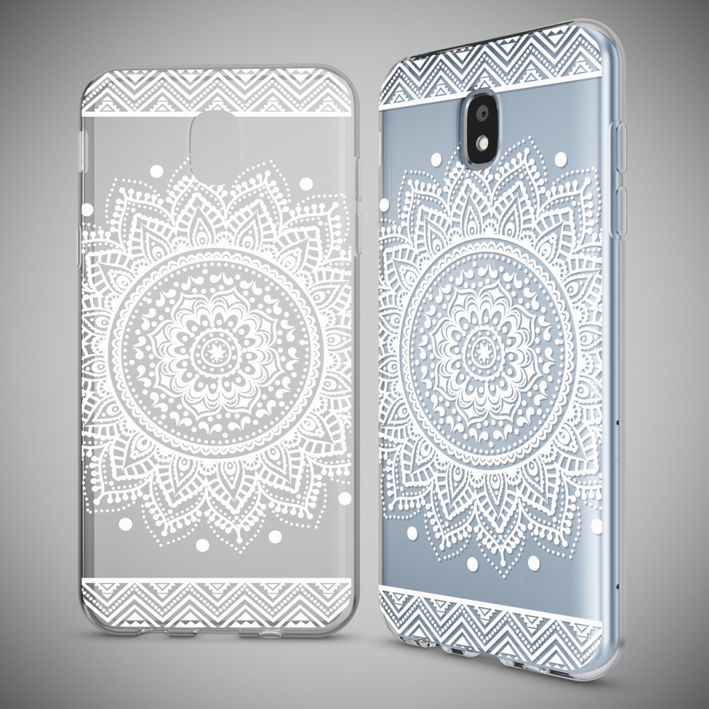 Zwei transparente Handyhüllen mit weißen Mandala-Designs. Die Hüllen sind nebeneinander.