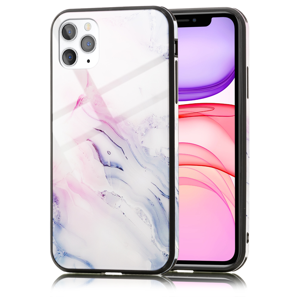Eine Handyhülle mit Marmordesign. Die Hülle ist weiß mit rosa und blauen Wirbeln.