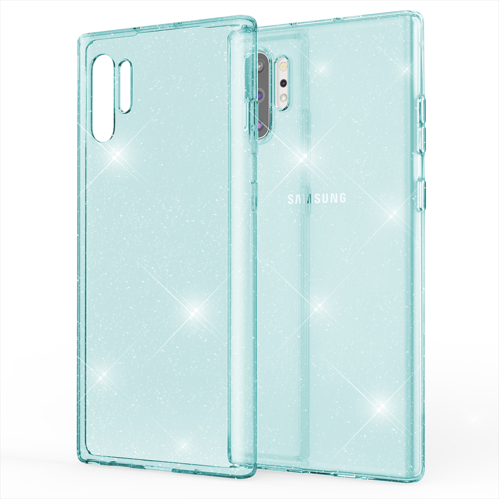Transparente Handyhülle mit Glitzer. Samsung-Logo. Weißer Hintergrund.