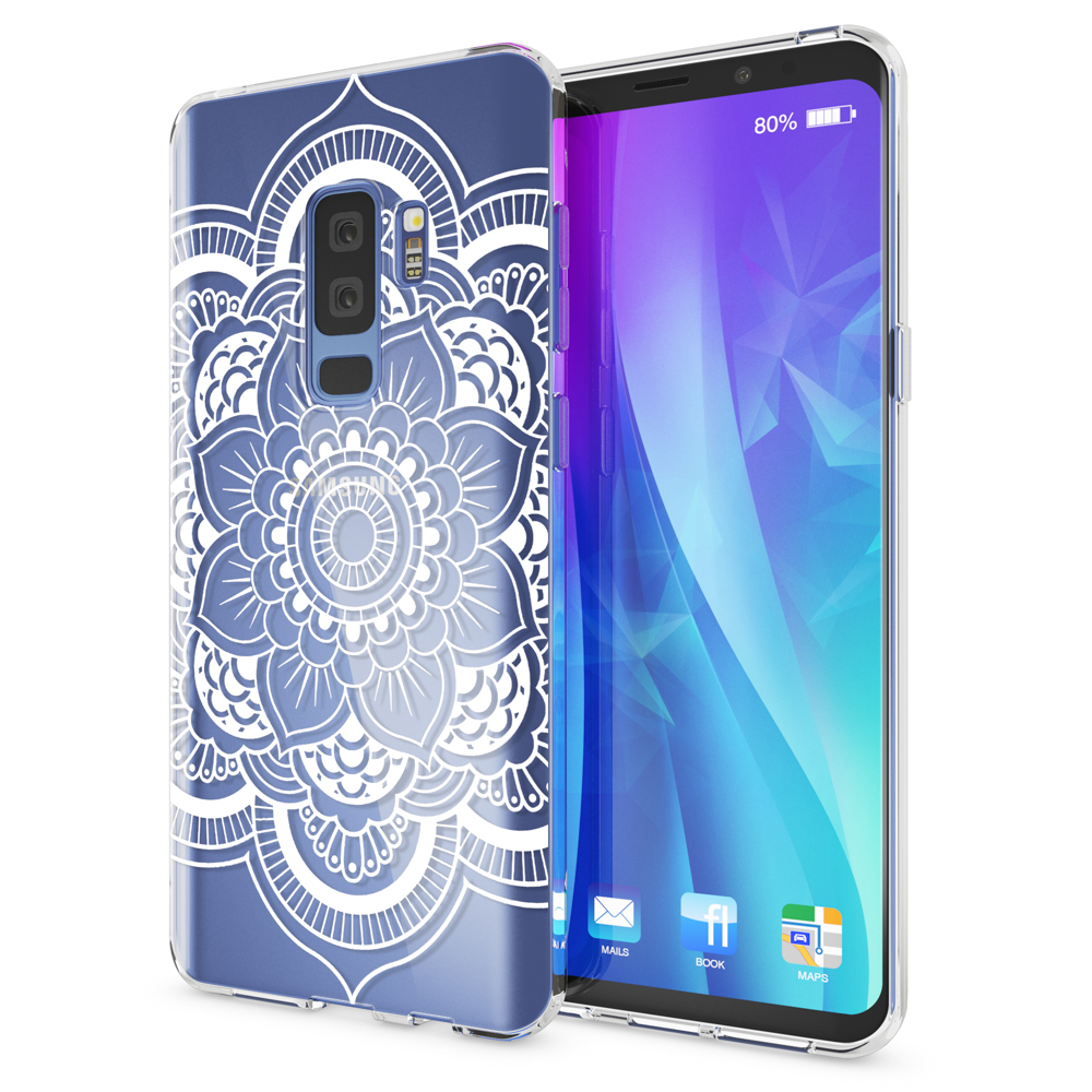 Smartphone in transparenter Hülle mit Mandala-Design. Der Bildschirm ist eingeschaltet.