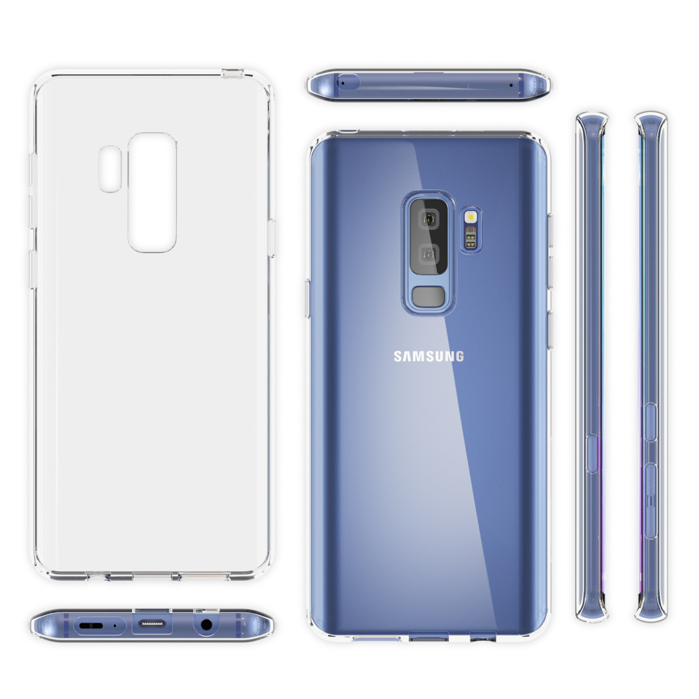 Eine transparente Handyhülle, die verschiedene Winkel eines Smartphones zeigt.