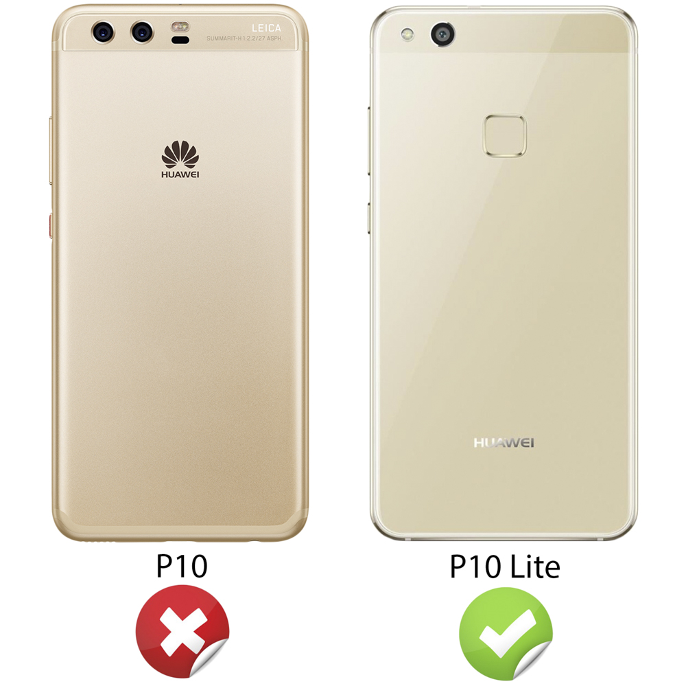 Dos teléfonos Huawei dorados, uno con una marca de verificación, otro con una X y logotipos.
