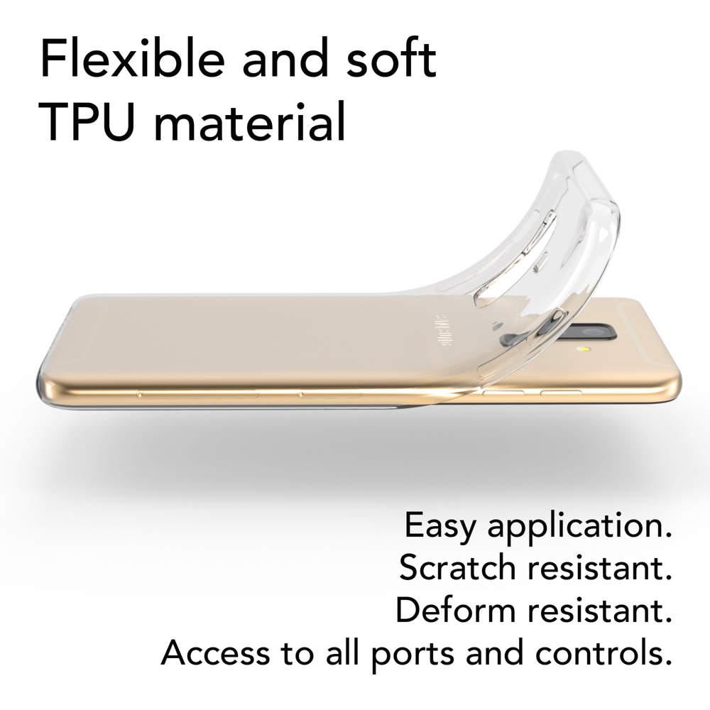 Eine flexible, transparente TPU-Handyhülle, die sich über einem goldenen Samsung-Telefon biegt und eine einfache Anwendung zeigt.