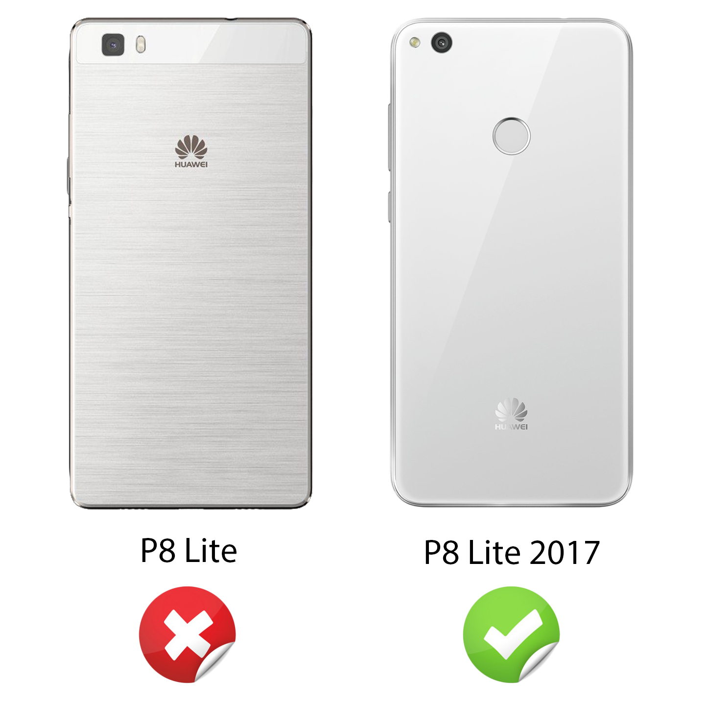 Dos teléfonos, P8 Lite y P8 Lite 2017, mostrando diferencias de diseño. El texto indica compatibilidad.