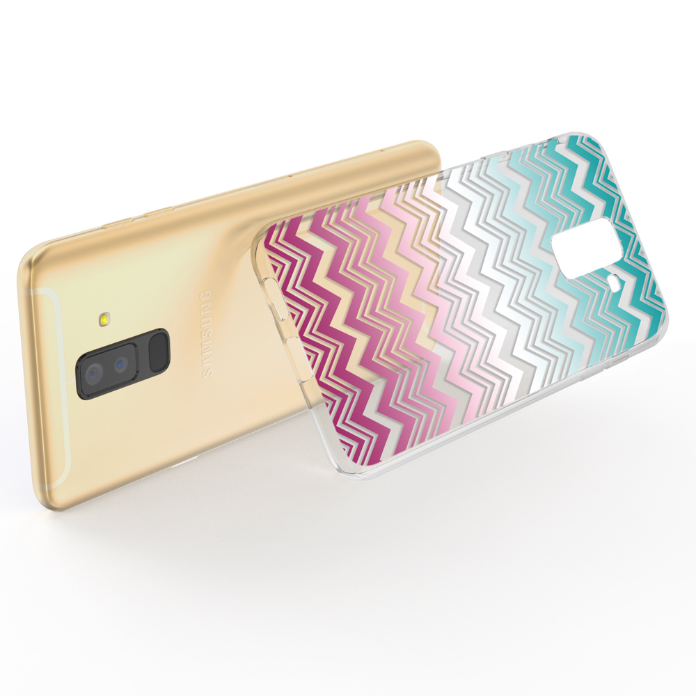 Ein goldenes Samsung-Telefon und eine transparente Hülle mit Zickzackmuster in Rosa, Weiß und Blau.