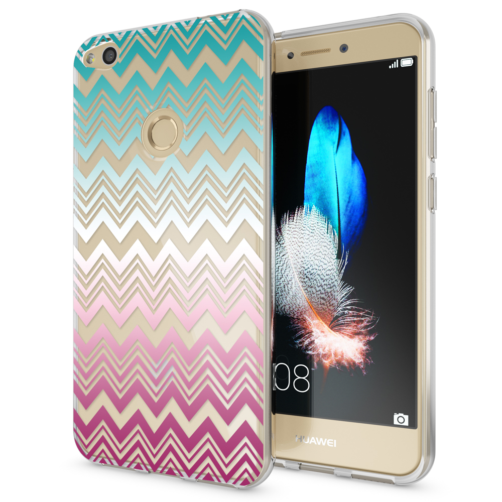 Ein goldenes Telefon mit einer Zickzackmuster-Hülle. Die Hülle hat rosa, blaue und goldene Streifen. Der Hintergrund ist weiß.