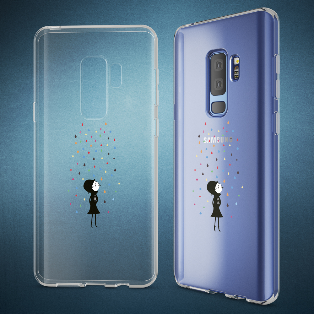 Zwei Handyhüllen, eine transparente und eine blaue. Beide Hüllen haben ein Mädchen-Regentropfen-Design.