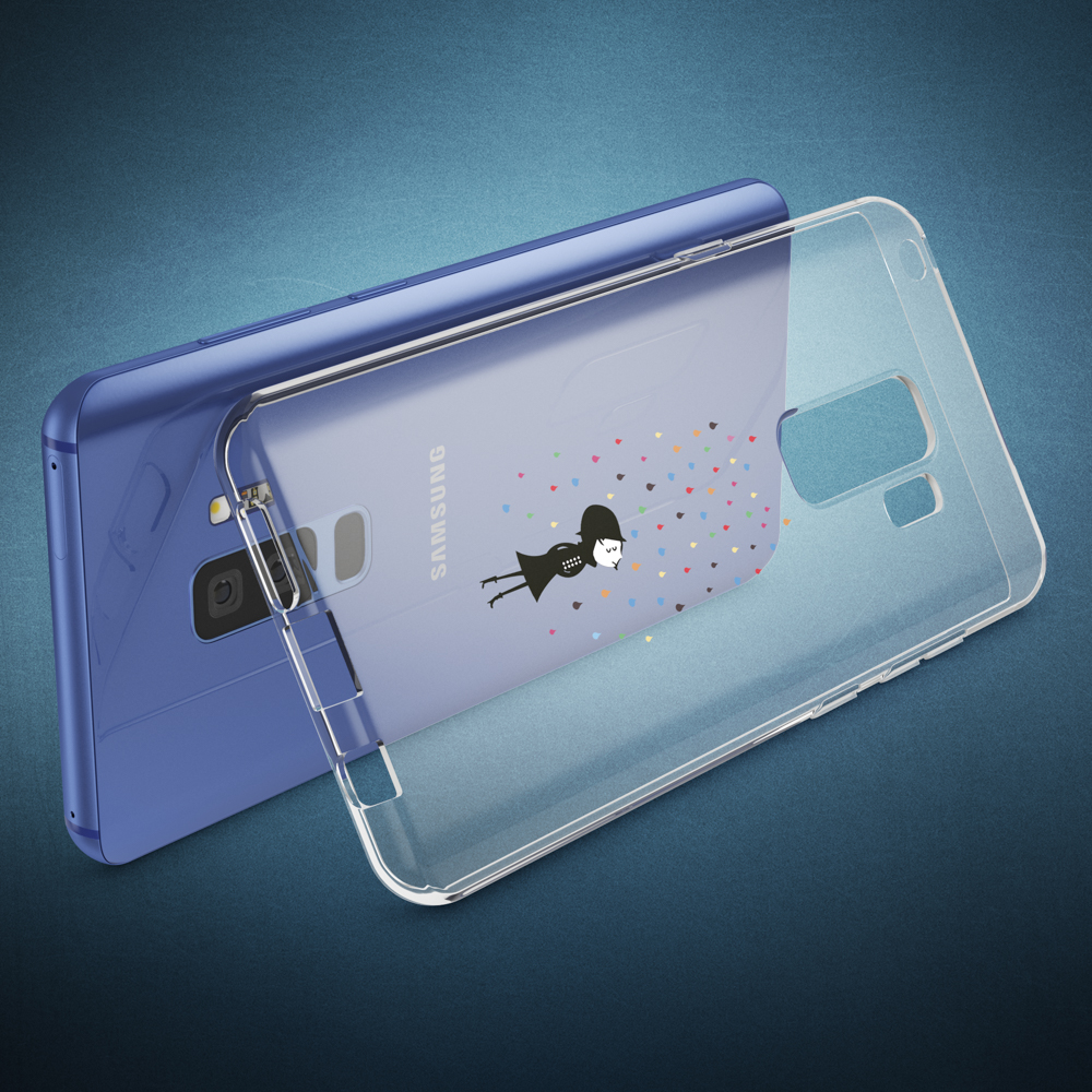 Ein blaues Telefon mit klarer Hülle. Eine Frauengrafik befindet sich auf der Telefonhülle. Blauer Hintergrund.