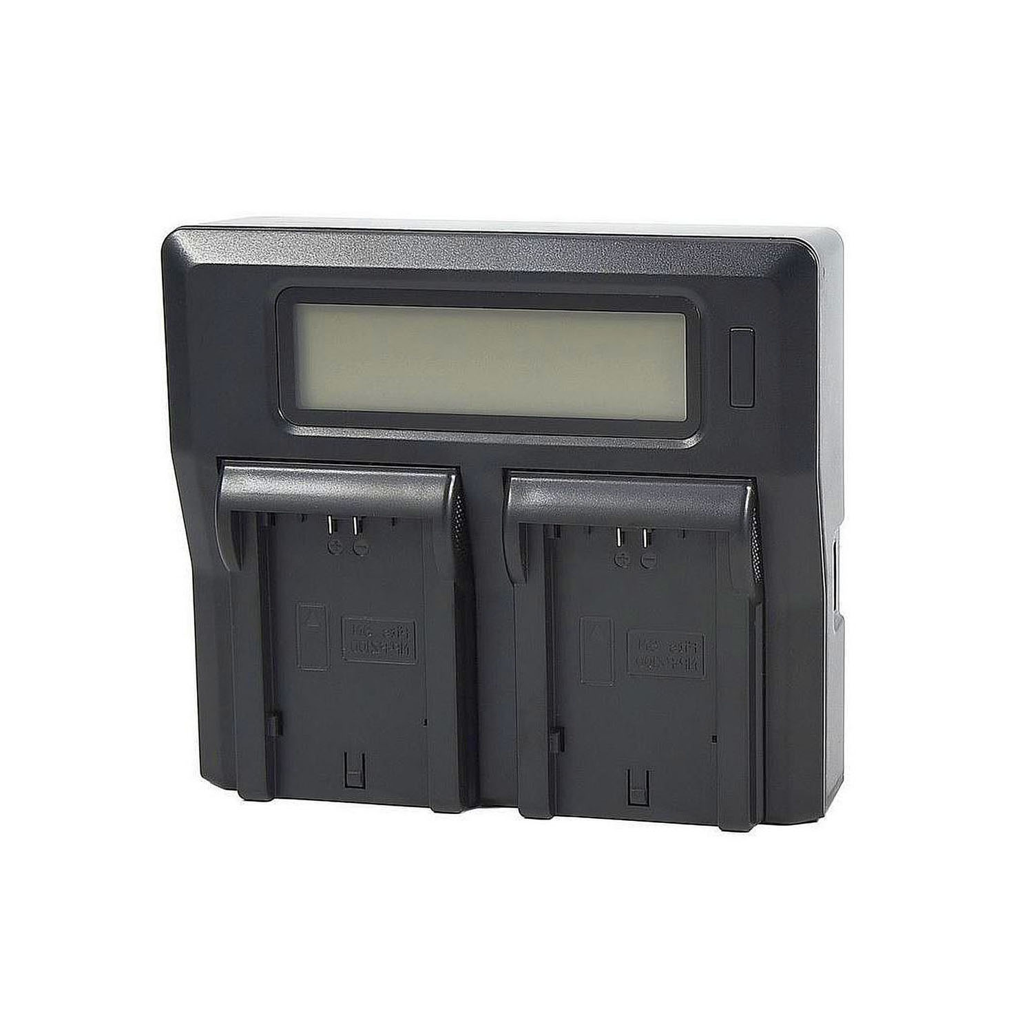 Schwarzes Batterieladegerät mit zwei Steckplätzen und einem LCD-Bildschirm.