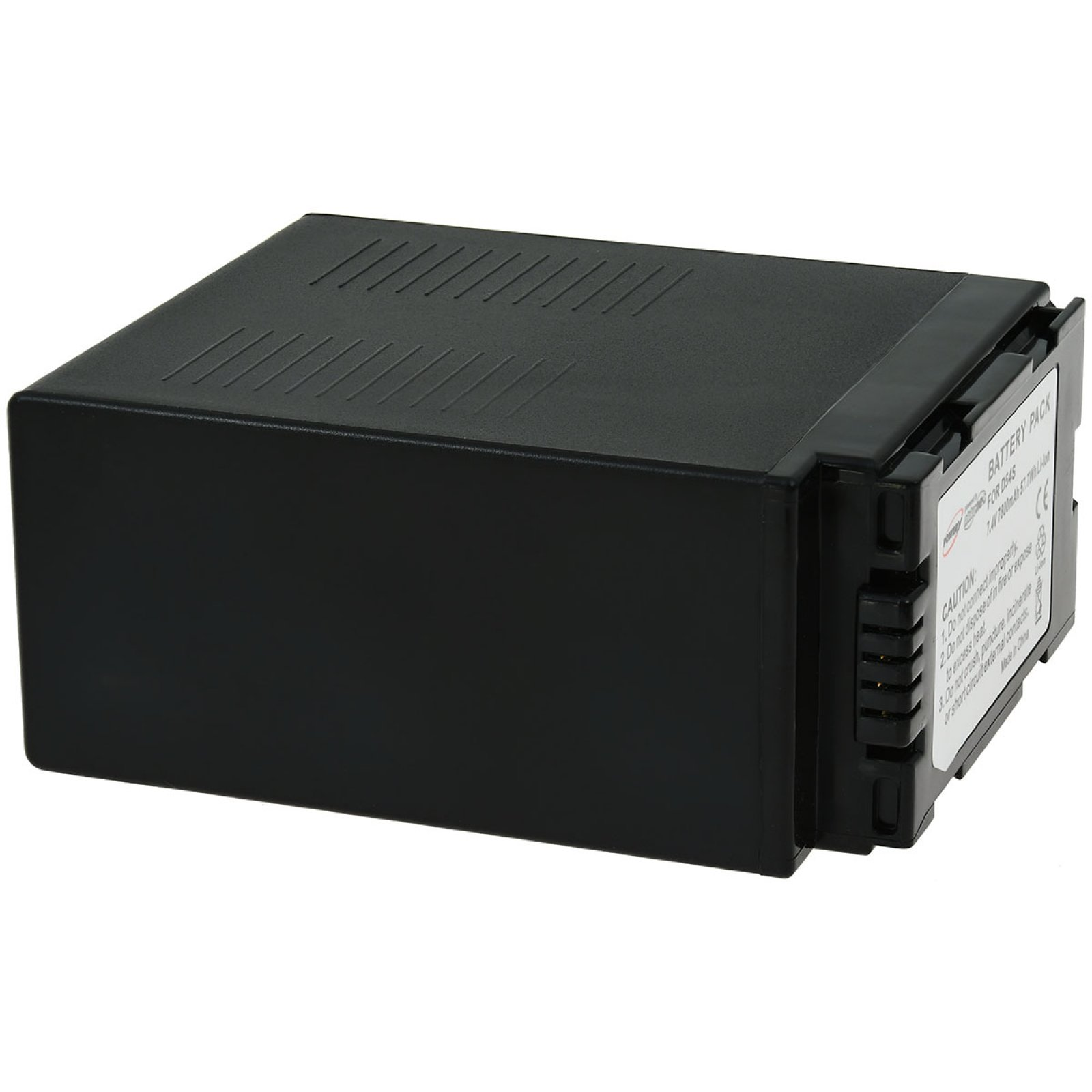 Paquete de batería rectangular negro con crestas y una etiqueta.