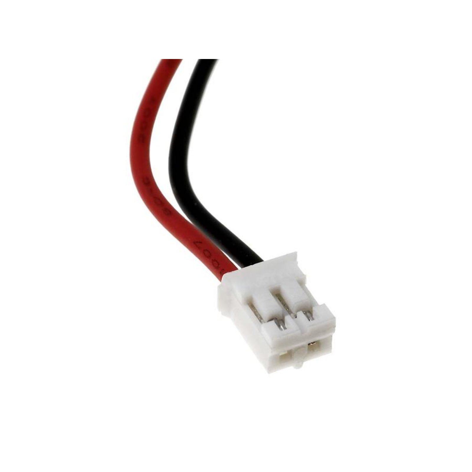 Dos cables, rojo y negro, conectados a un conector blanco. El fondo es blanco.