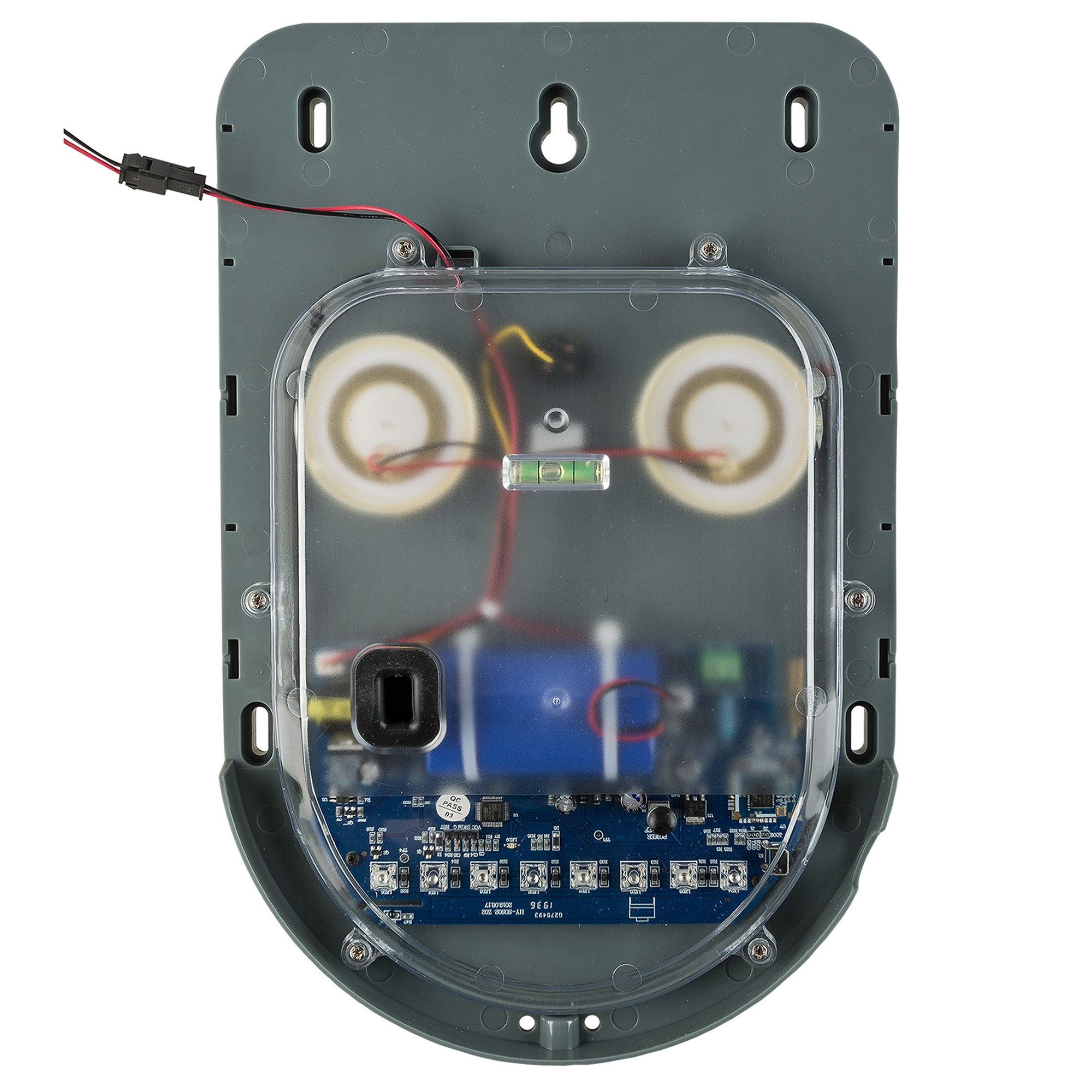 Offene Ansicht eines grauen elektrischen Geräts mit internen Komponenten.