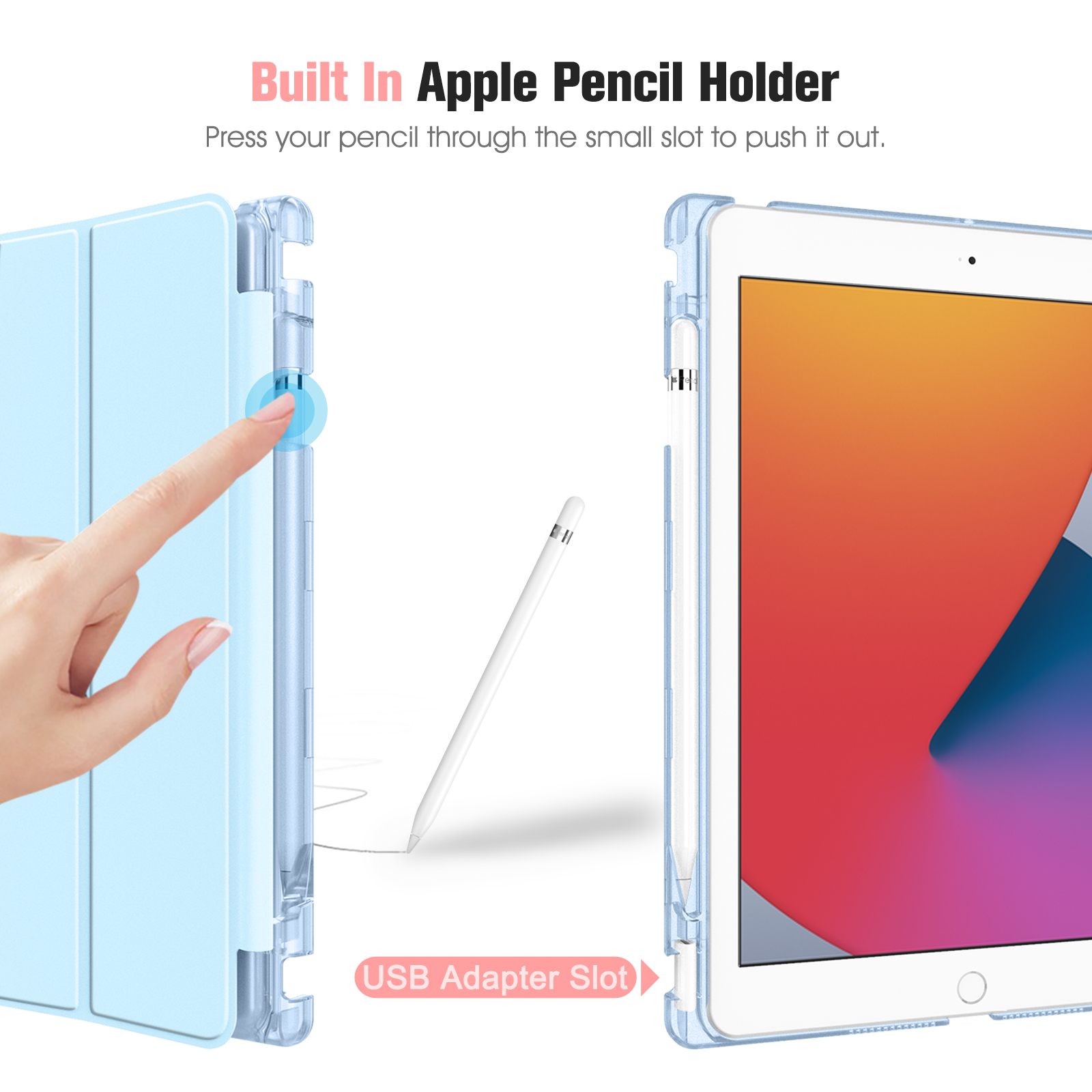 Ein iPad in einer hellblauen Hülle mit einem Apple Pencil und einem USB-Adapter-Steckplatz.