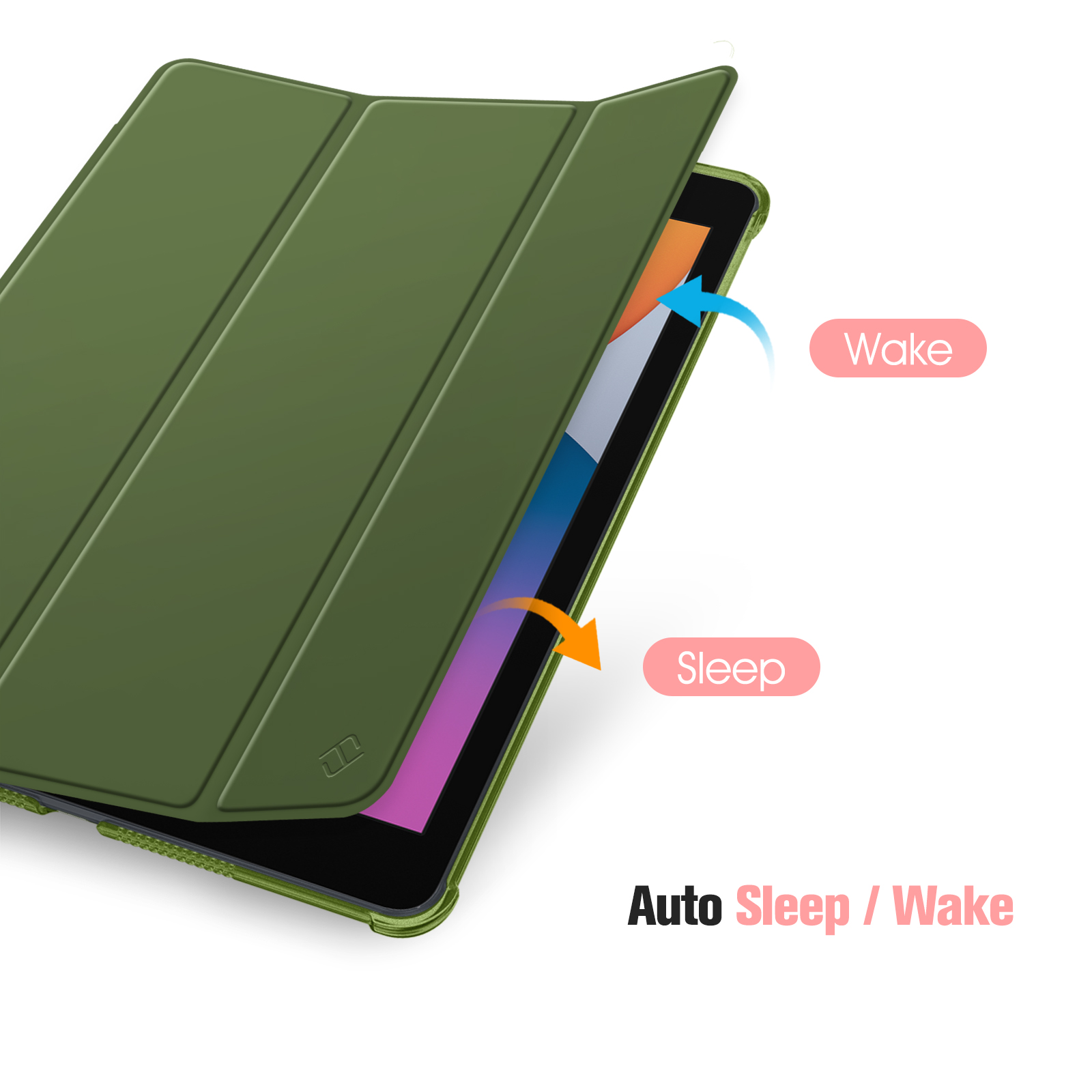 Tablet mit grüner Hülle, geöffnet, um den Bildschirm zu zeigen. Beschriftung: Auto Sleep/Wake.
