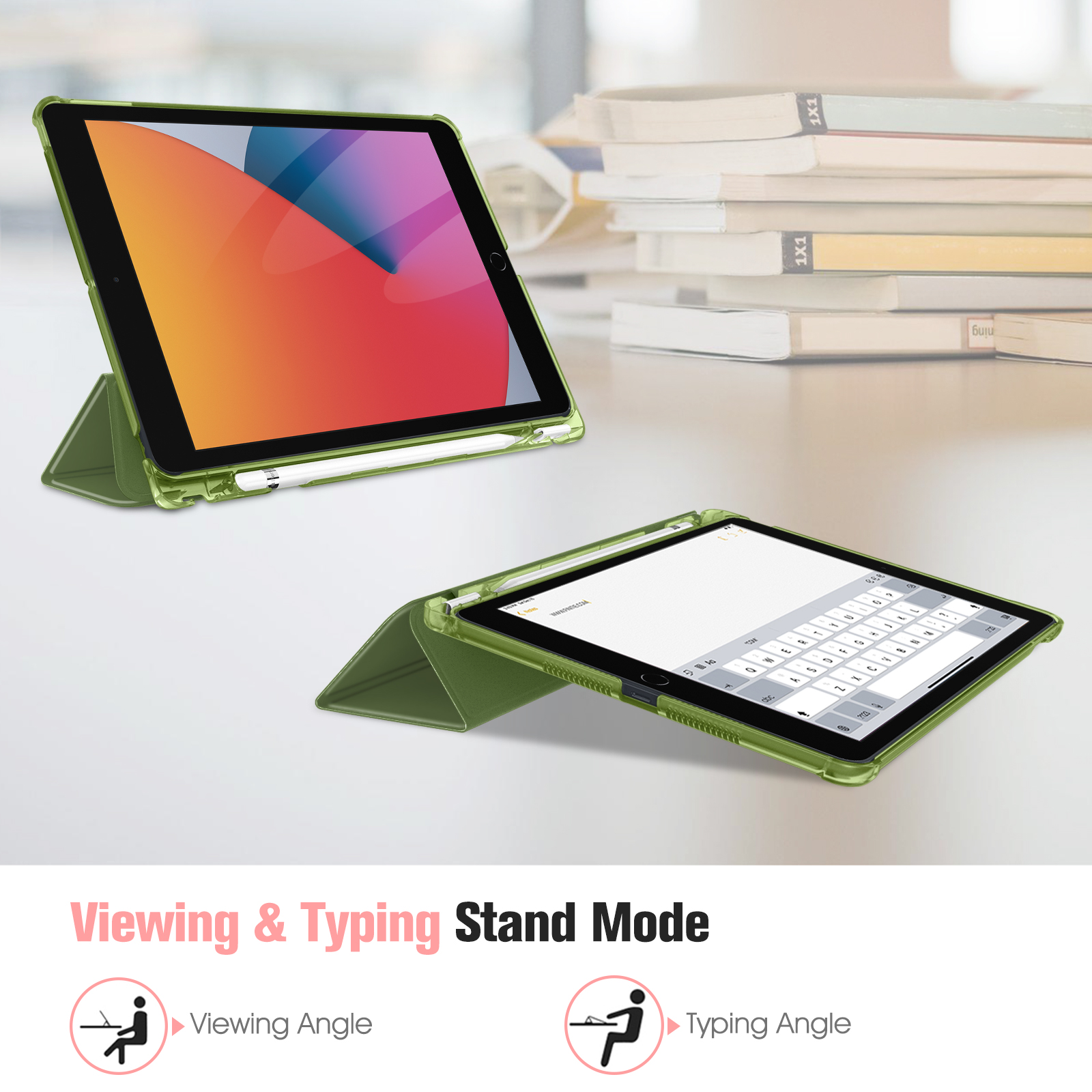 Zwei grüne Tablethüllen, eine mit Tablet. Symbole und Text zeigen Modi an.