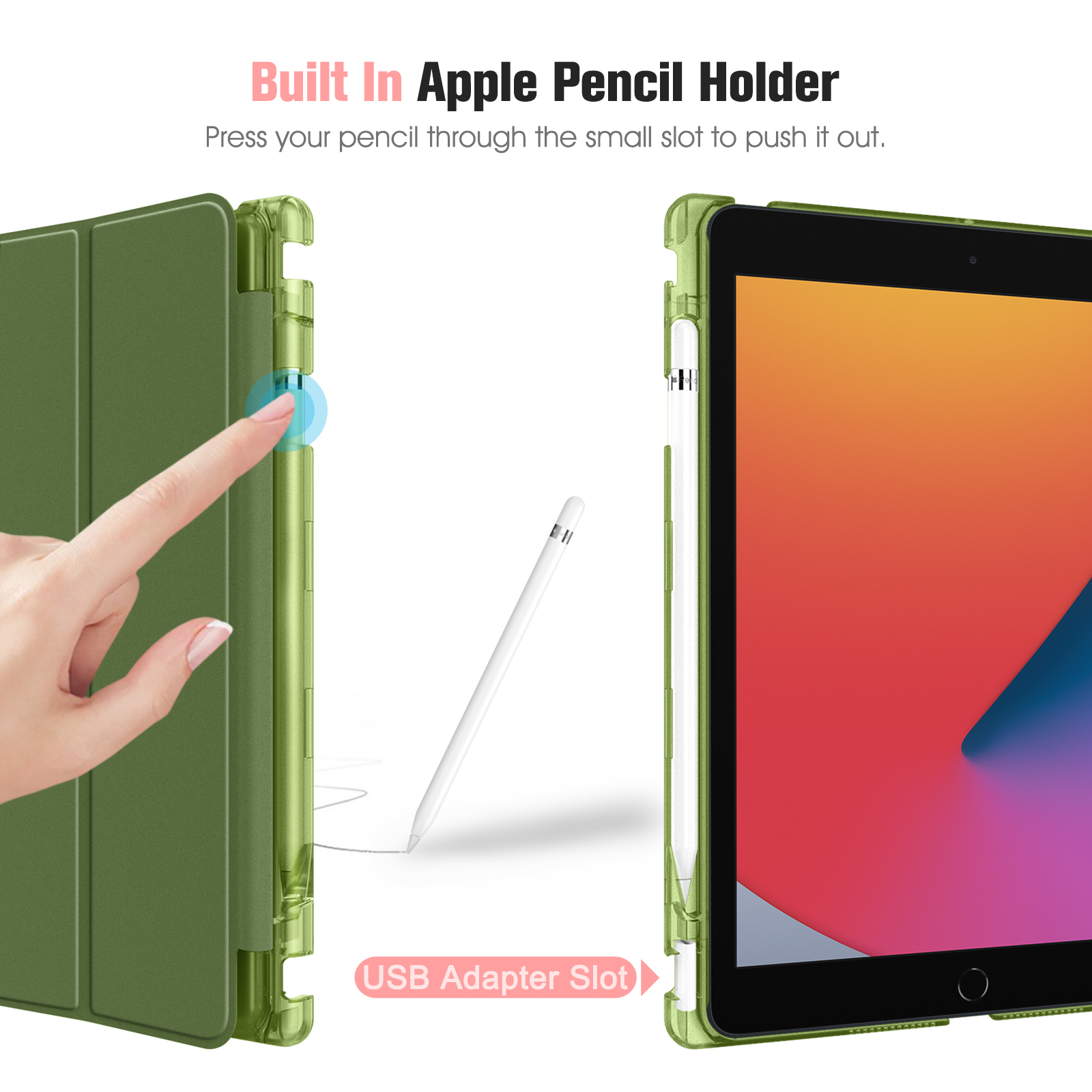 iPad-Hülle, grün, mit Apple Pencil-Halter und USB-Adapter-Steckplatz, Hand zeigt darauf.