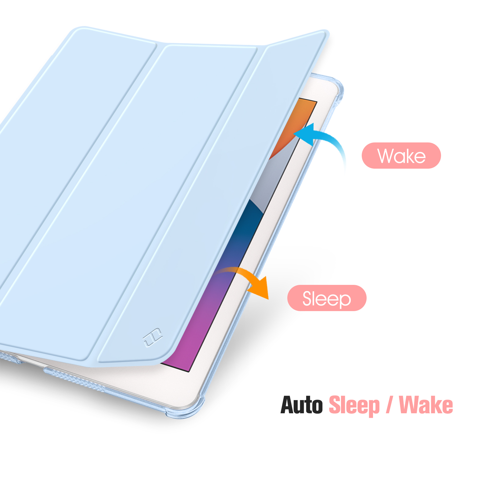 Blaue iPad-Hülle mit Pfeilen, die Aufwachen und Schlafen anzeigen, auf weißem Hintergrund.