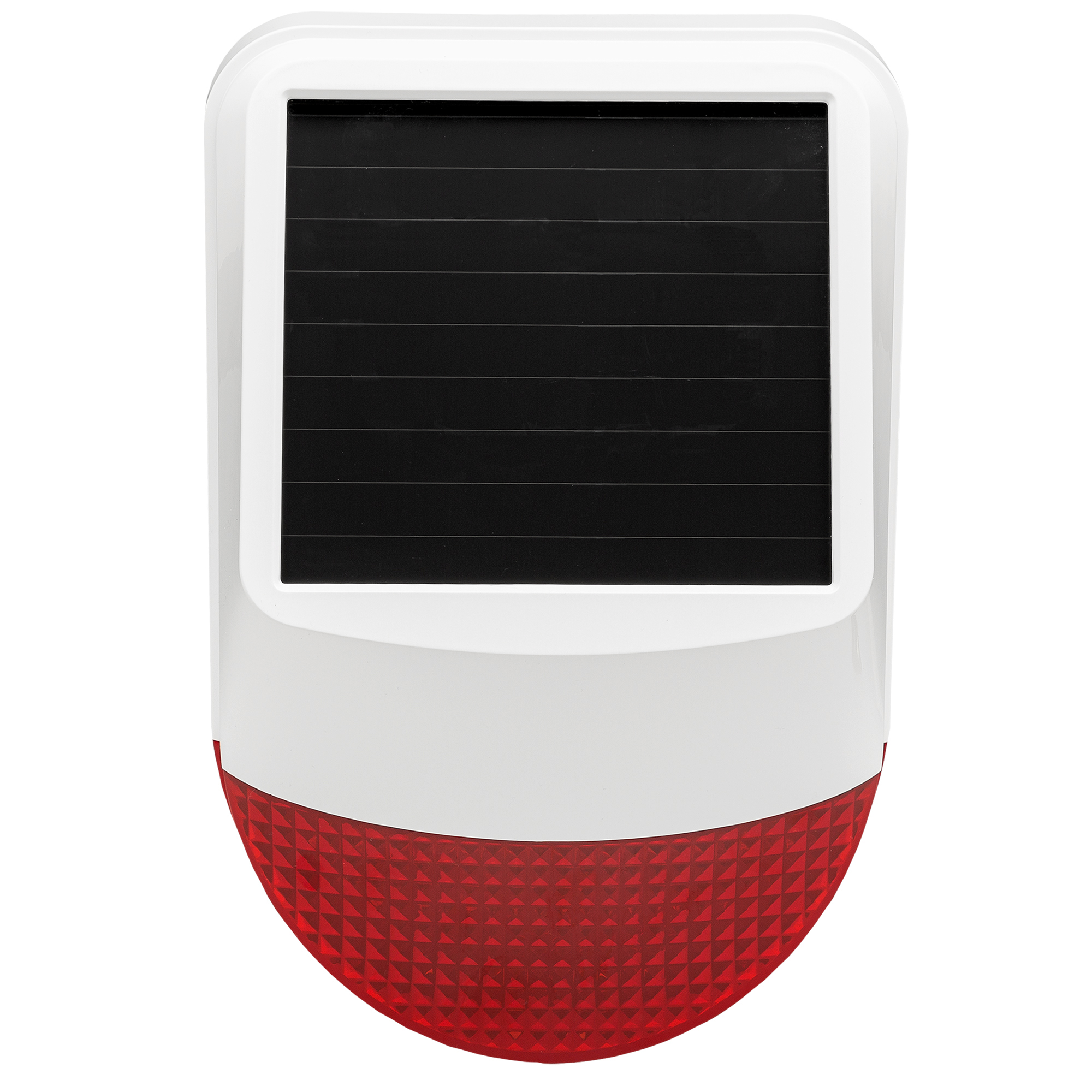 Ein weiß-roter solarbetriebener Alarm. Das Solarpanel ist schwarz und befindet sich oben auf dem Gerät.