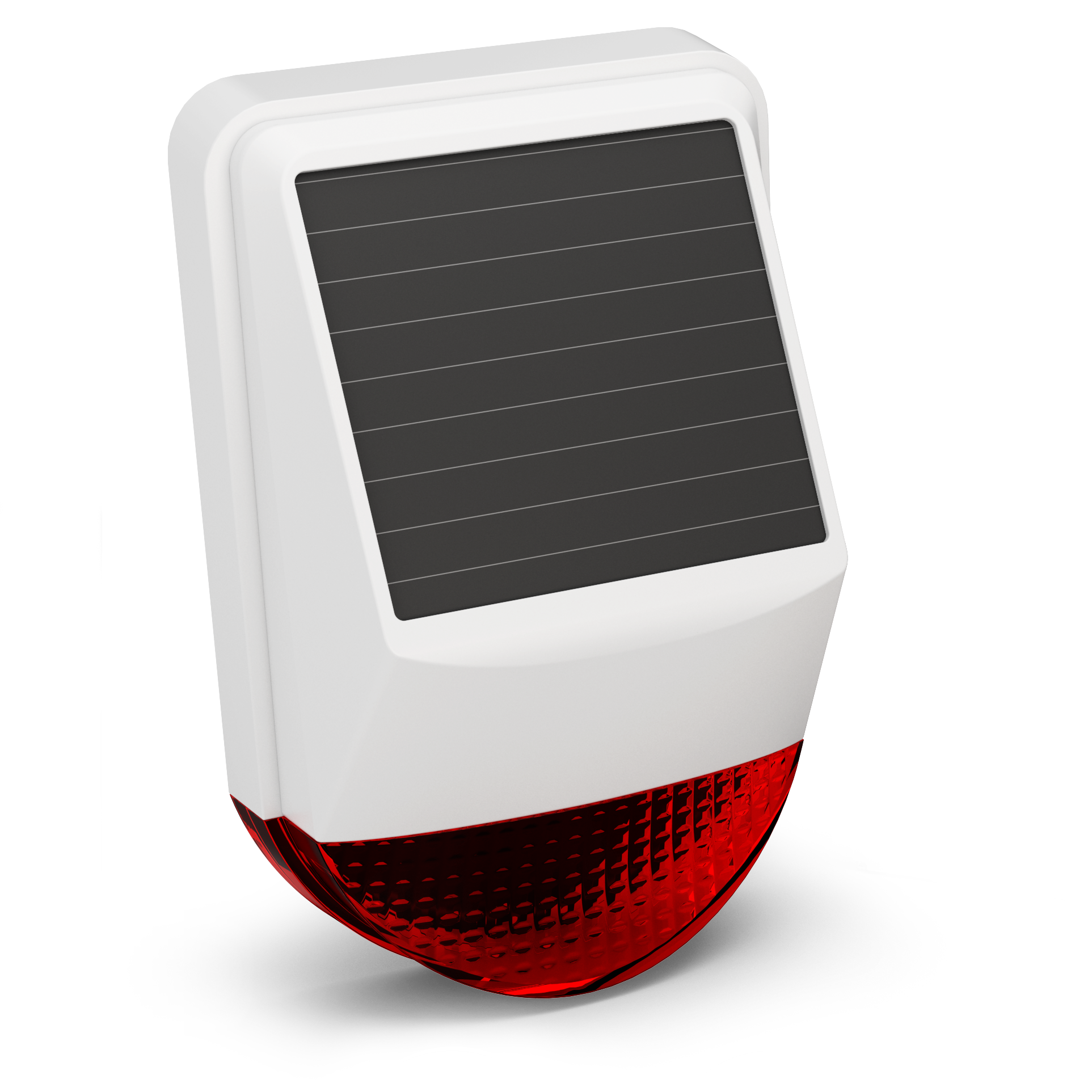 Ein weißer solarbetriebener Alarm mit rotem Licht und schwarzem Panel.